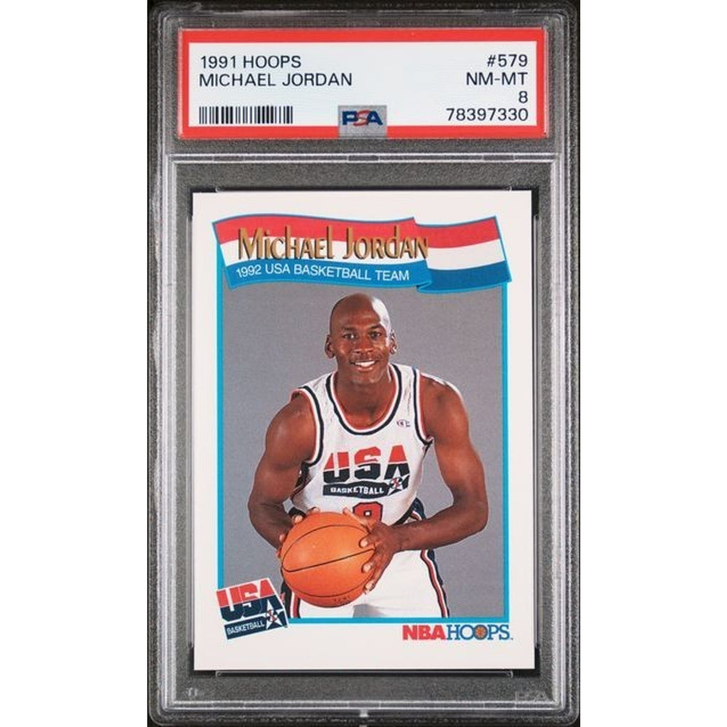 1991 NBA Hoops Michael Jordan 1992 USA Basketball Team card #579 graded PSA 8 featuring Team USA basketball legend