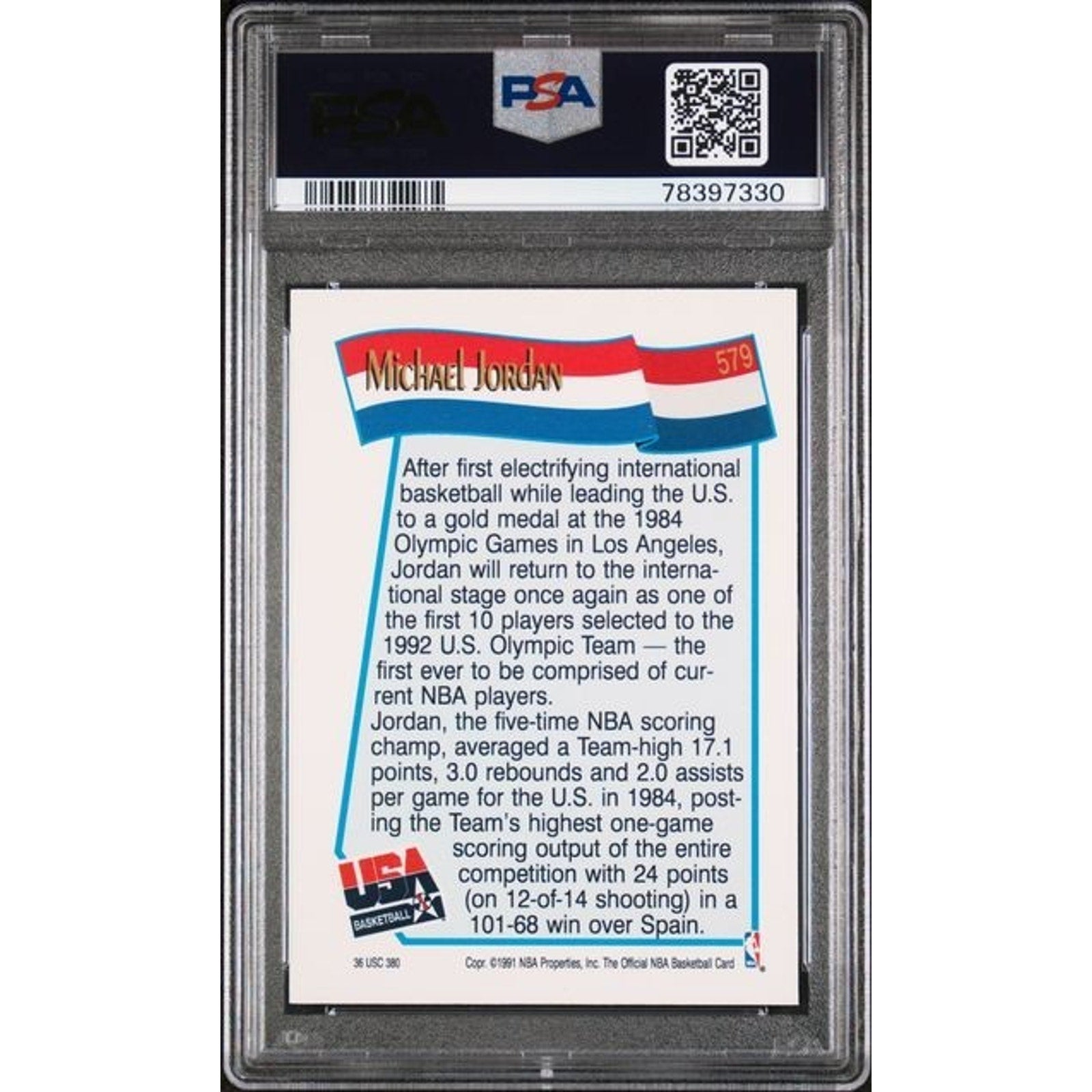 Back view of PSA 8 graded 1991 NBA Hoops Michael Jordan USA Basketball Team card #579