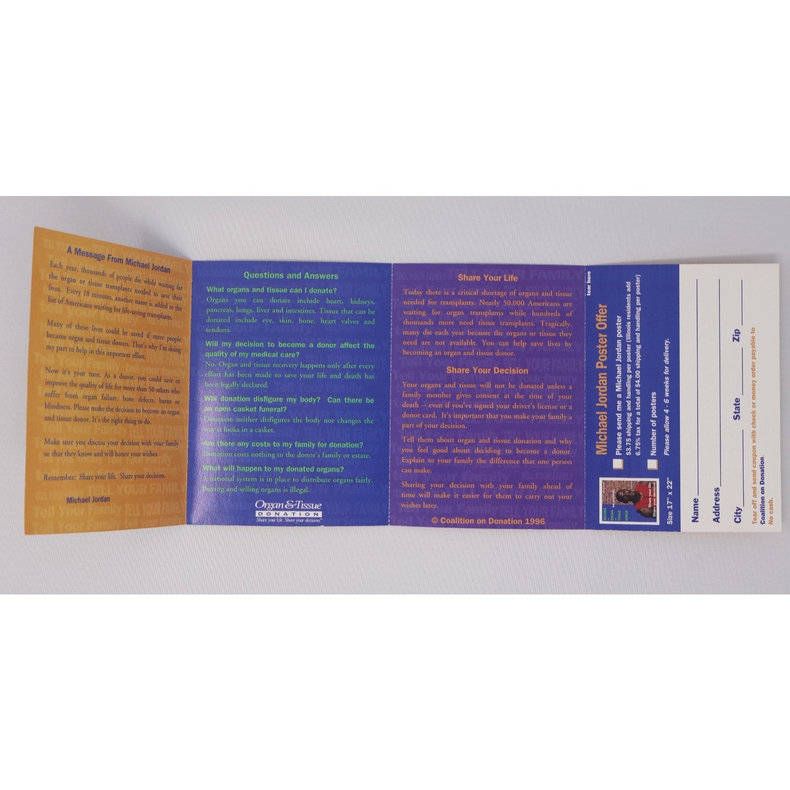 Inside view of Michael Jordan 1993 organ donor awareness pamphlet with informational content and graphics
