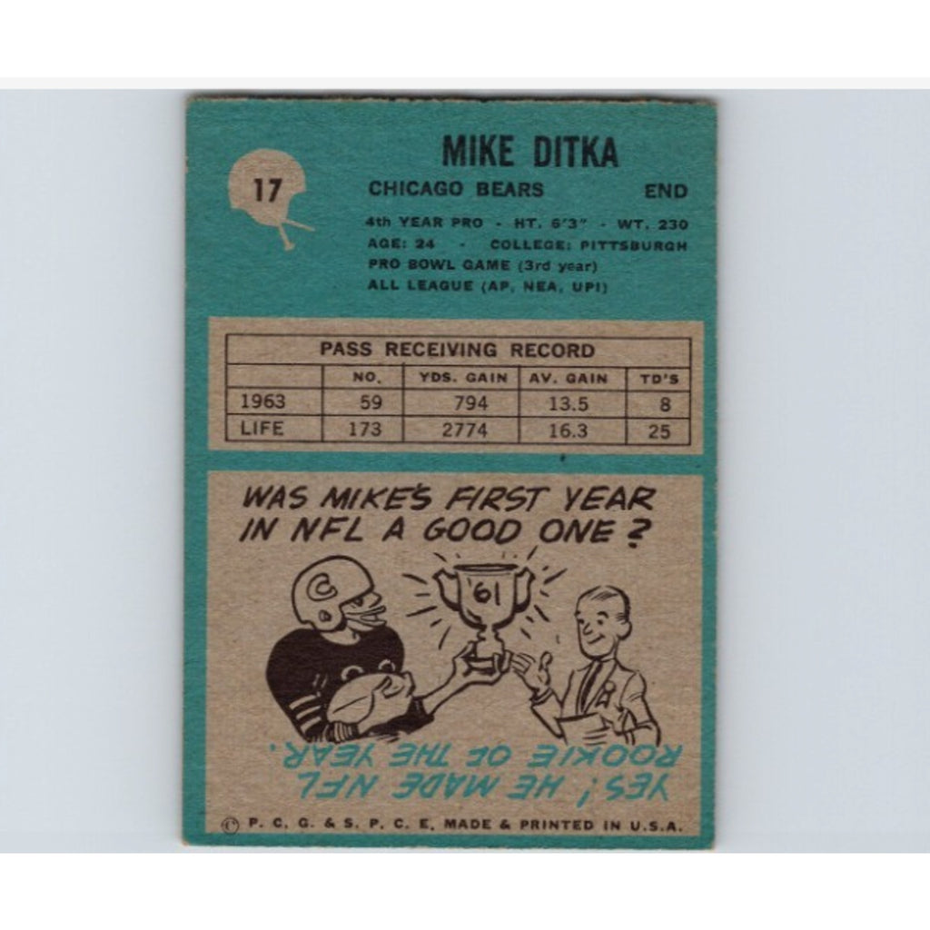 Back of 1964 Philadelphia Mike Ditka football card showing biography and statistics