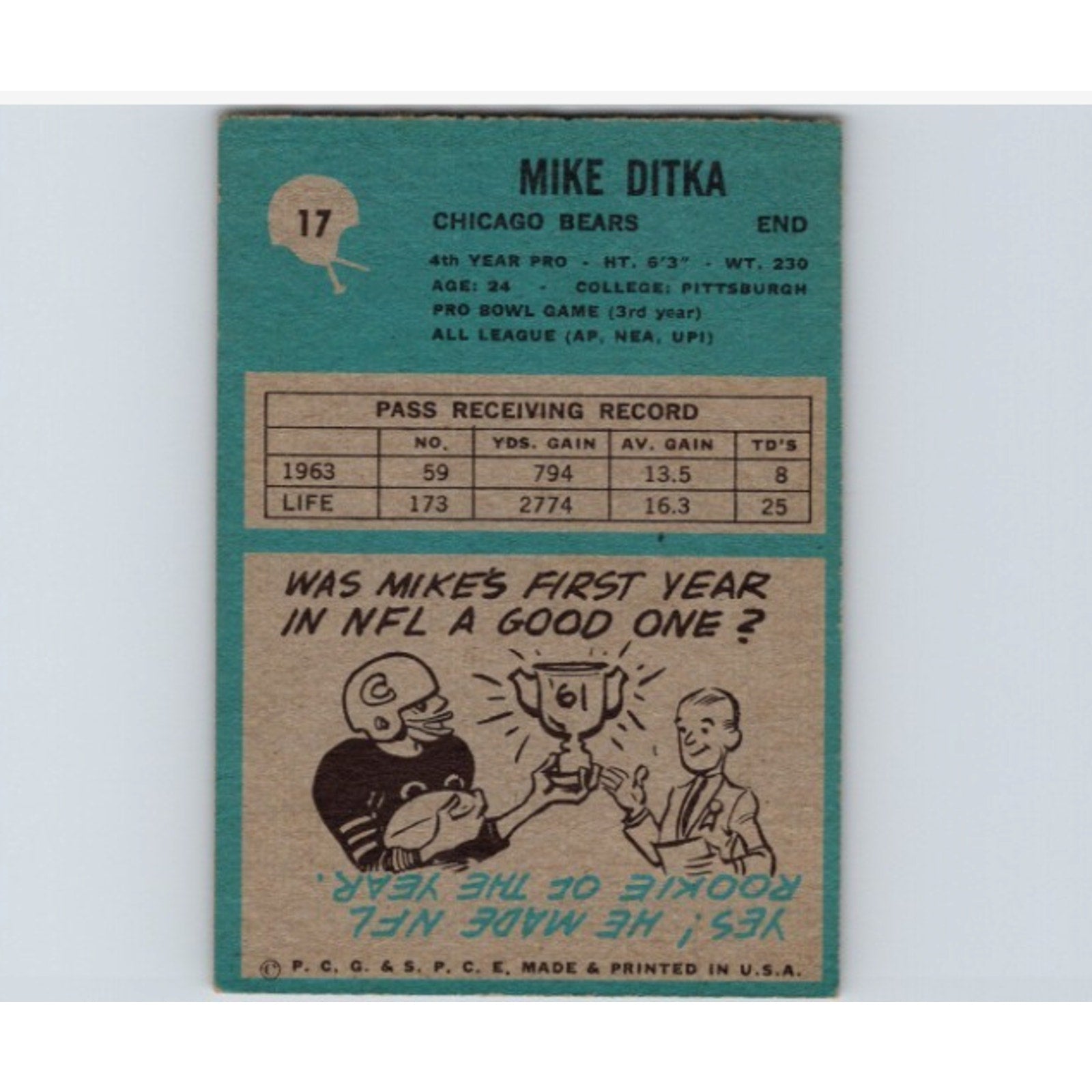 Back of 1964 Philadelphia Mike Ditka football card showing biography and statistics