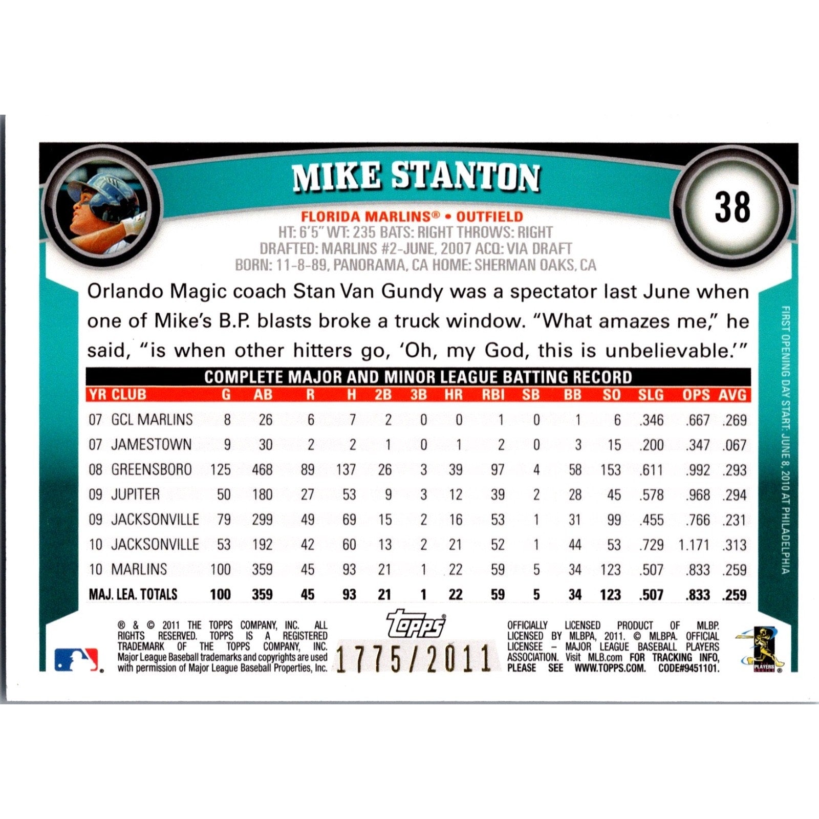 Back view of Giancarlo Stanton 2011 Topps Opening Day Blue Parallel card