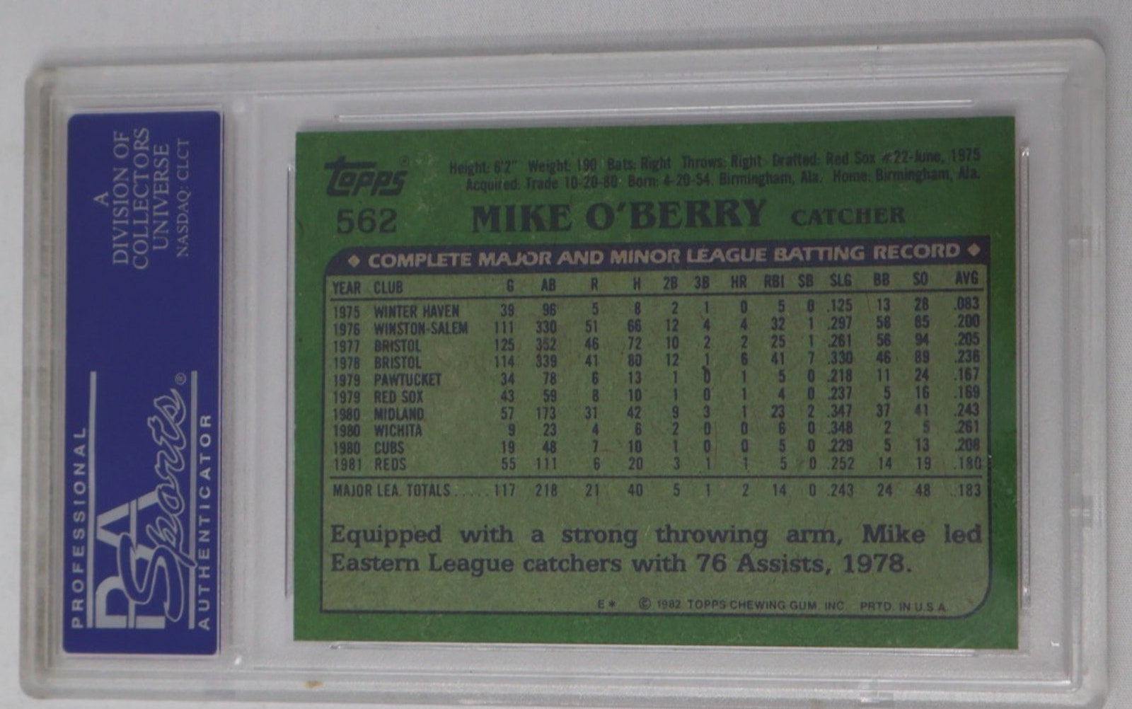 Back view of PSA 6 graded 1982 Topps Mike O'Berry baseball card #562
