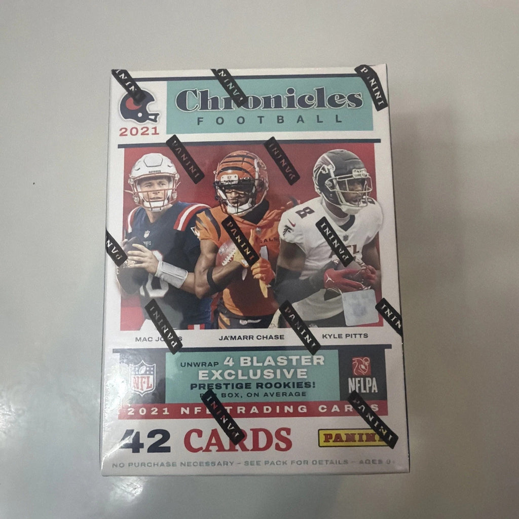 Front view of a factory sealed 2021 Panini Chronicles NFL Football Blaster Box featuring NFL players and advertising 42 trading cards inside