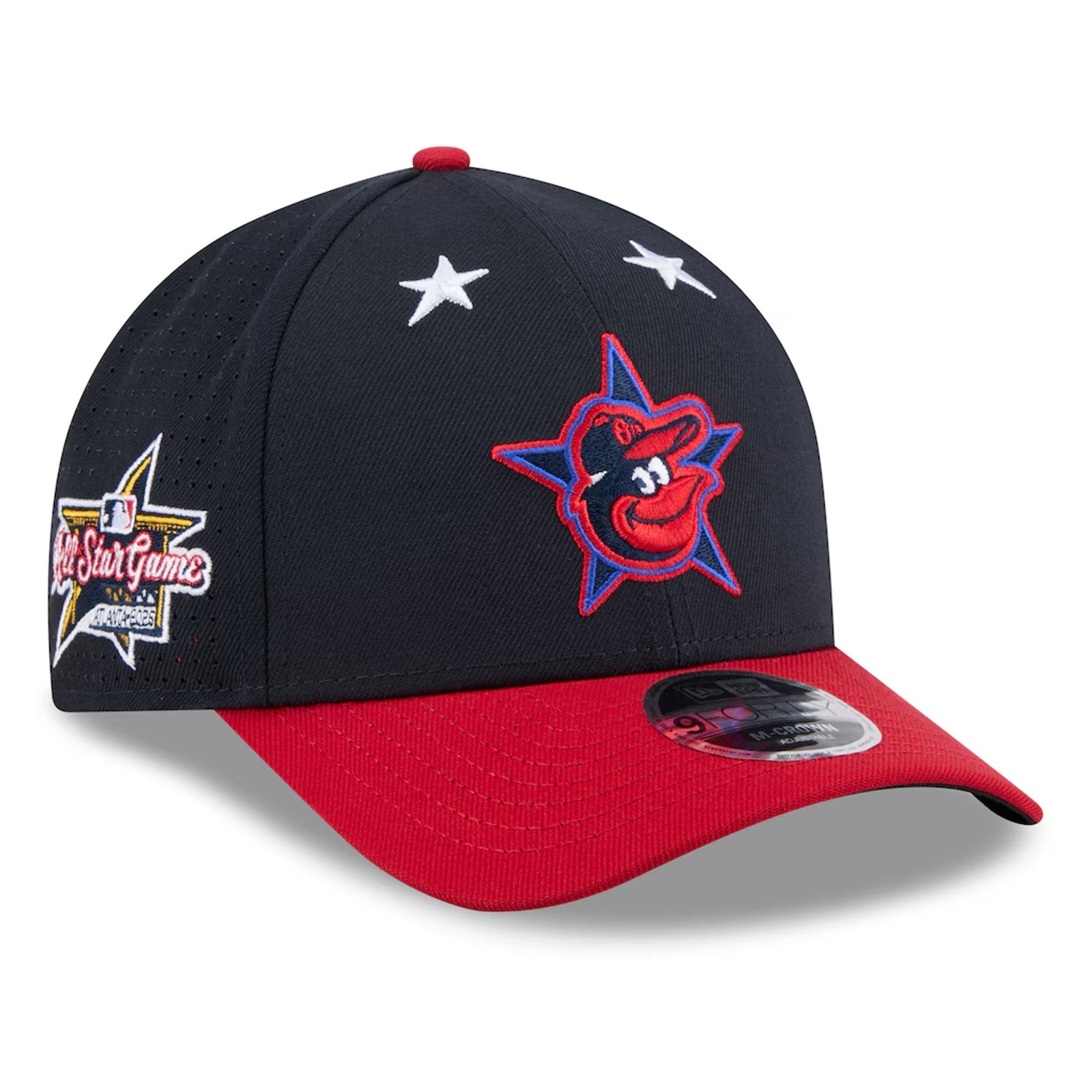 Front angled view of New Era Baltimore Orioles 2025 MLB All-Star Game Workout 9FORTY hat