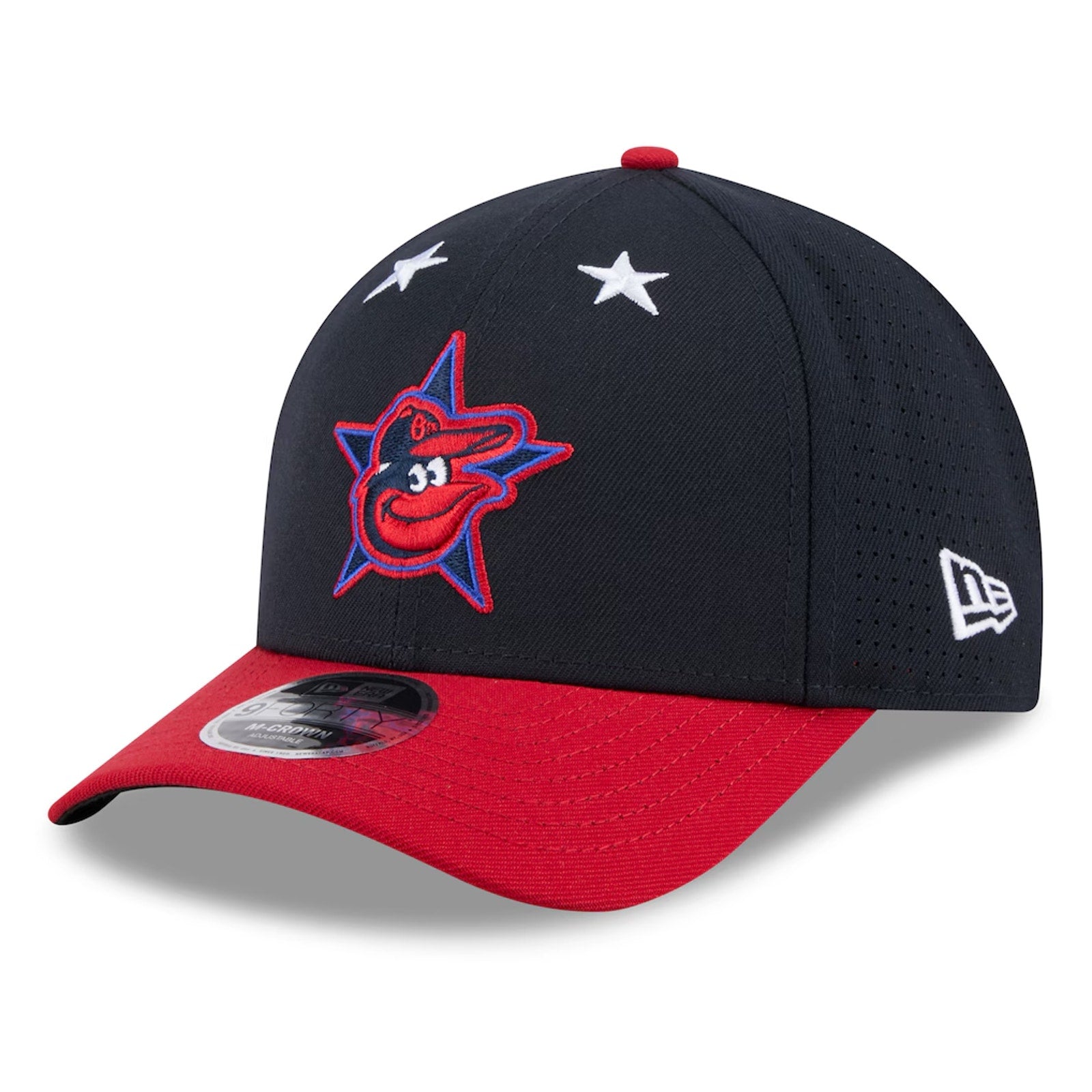Side angle of Baltimore Orioles New Era 9FORTY workout hat