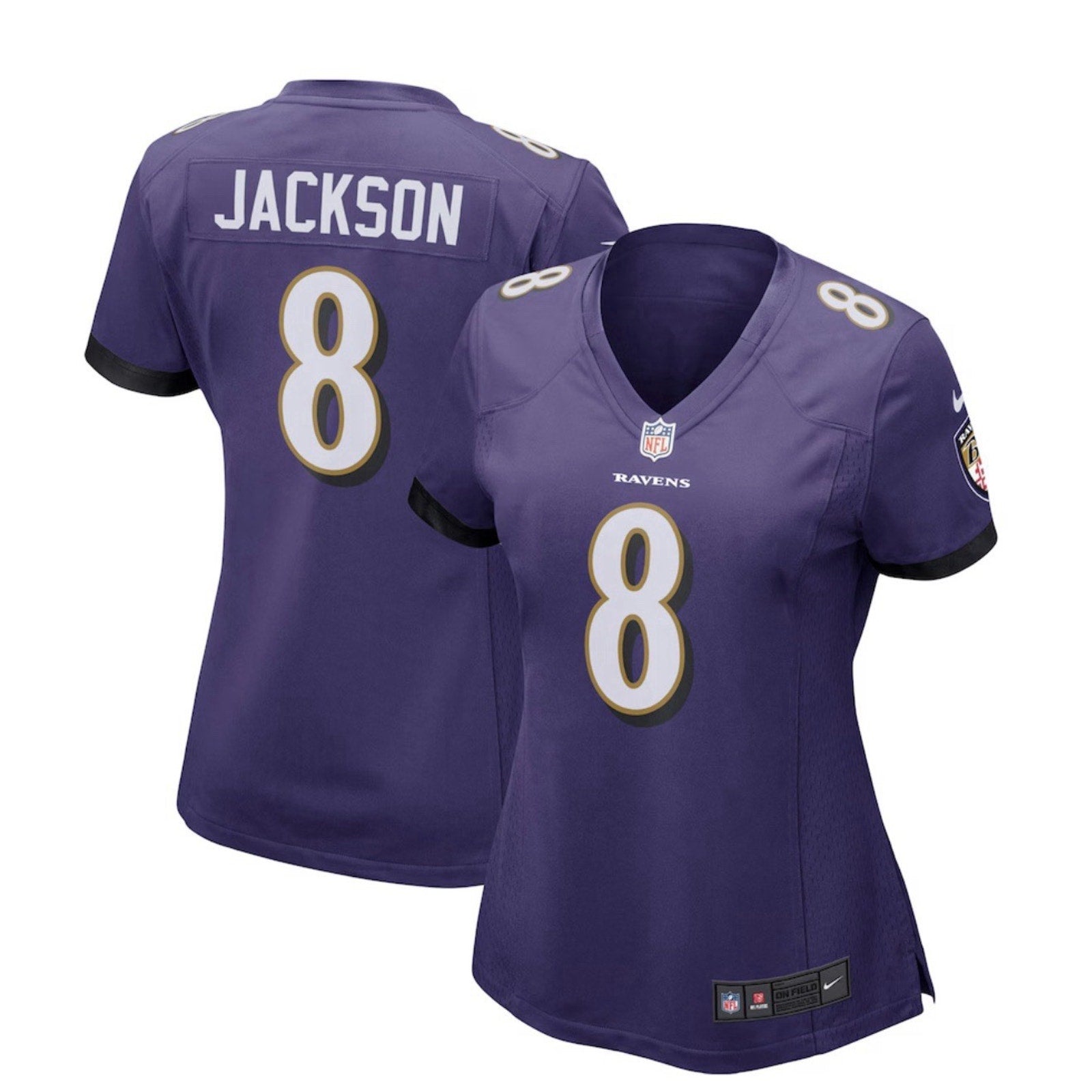 Women’s Nike Lamar Jackson Baltimore Ravens purple NFL game jersey featuring number 8 on front and back