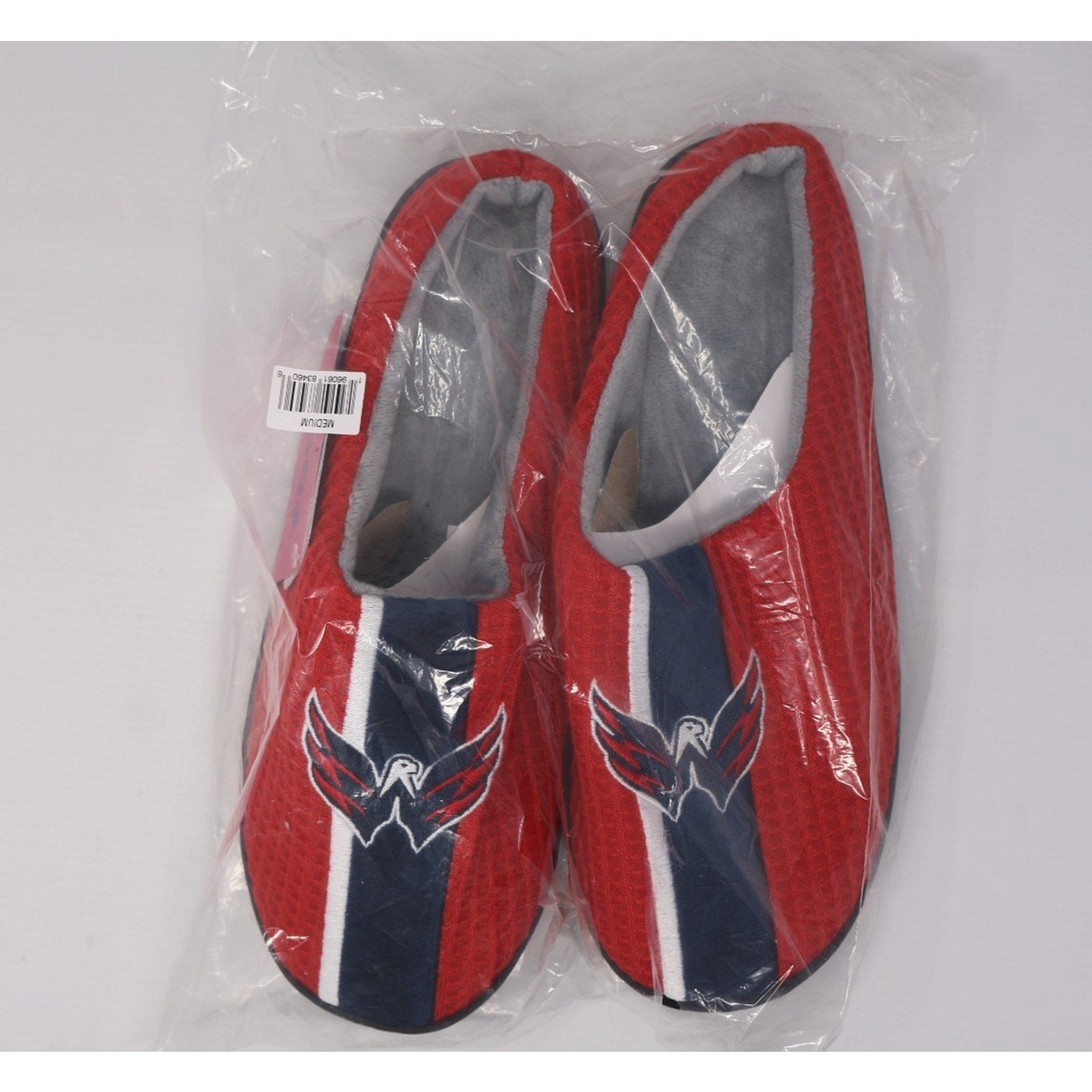 Washington Capitals red and navy NHL themed slippers in sealed retail packaging