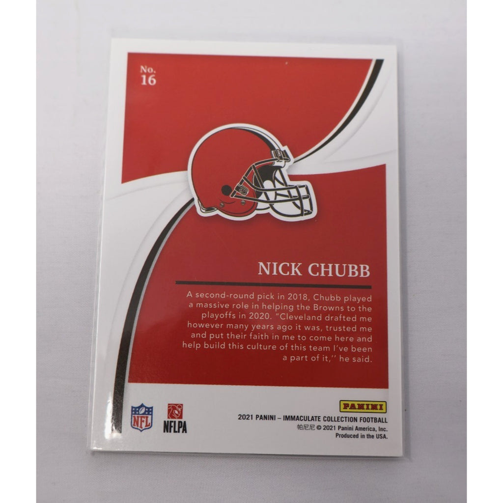 Back of 2021 Panini Immaculate Collection Nick Chubb football card with player details and serial numbering