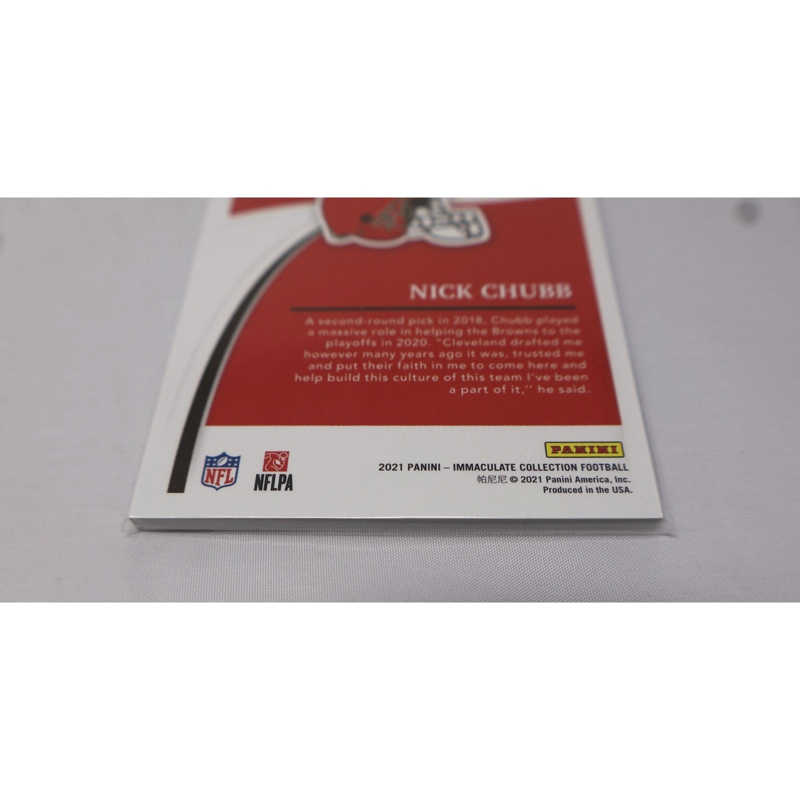 Back close-up of Nick Chubb 2021 Panini Immaculate Collection card with official Panini details