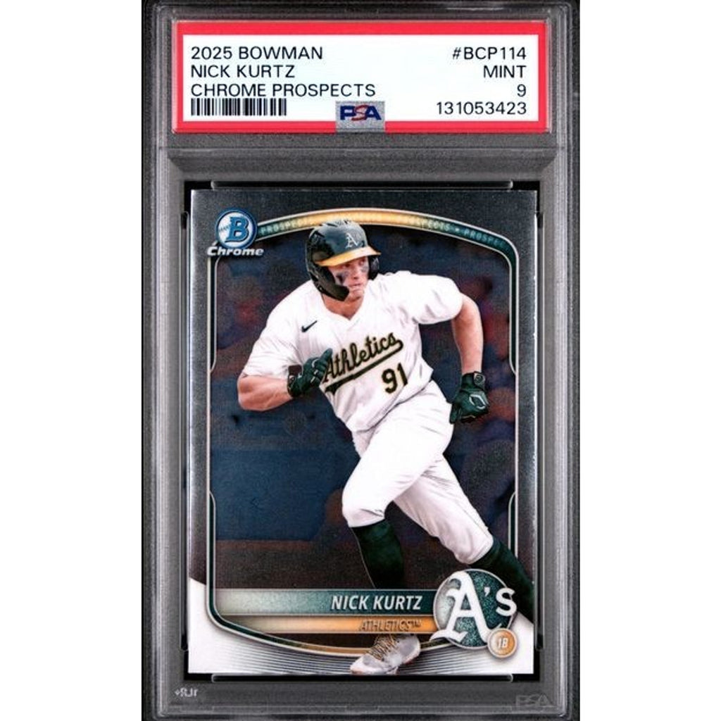 2025 Bowman Chrome Prospects Nick Kurtz rookie card #BCP-114 graded PSA 9 featuring Oakland Athletics prospect
