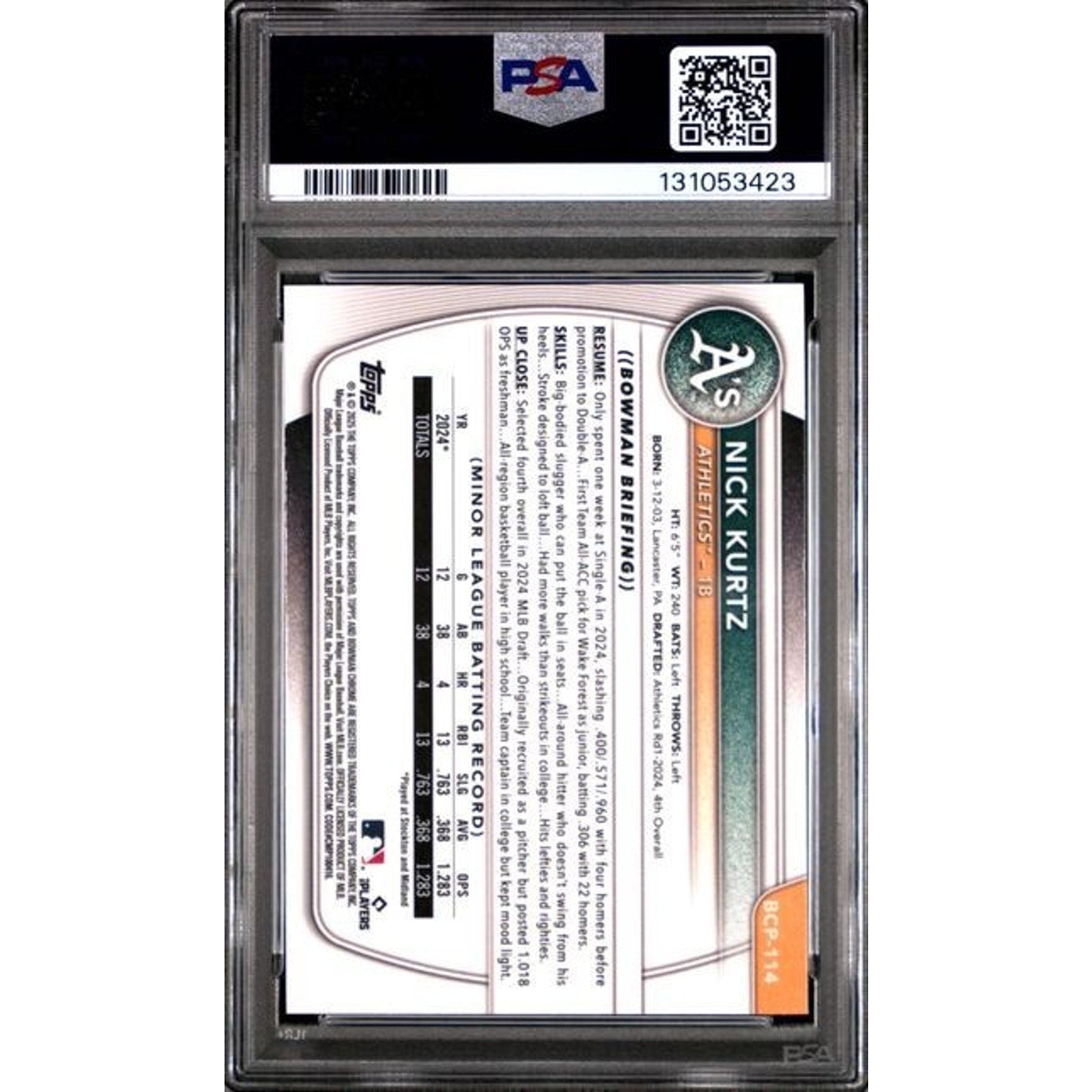 Back view of PSA 9 graded 2025 Bowman Chrome Prospects Nick Kurtz rookie card #BCP-114