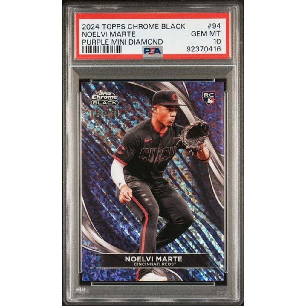 2024 Topps Chrome Black Noelvi Marte Purple Mini Diamond rookie card PSA 10 graded Cincinnati Reds collectible numbered 150