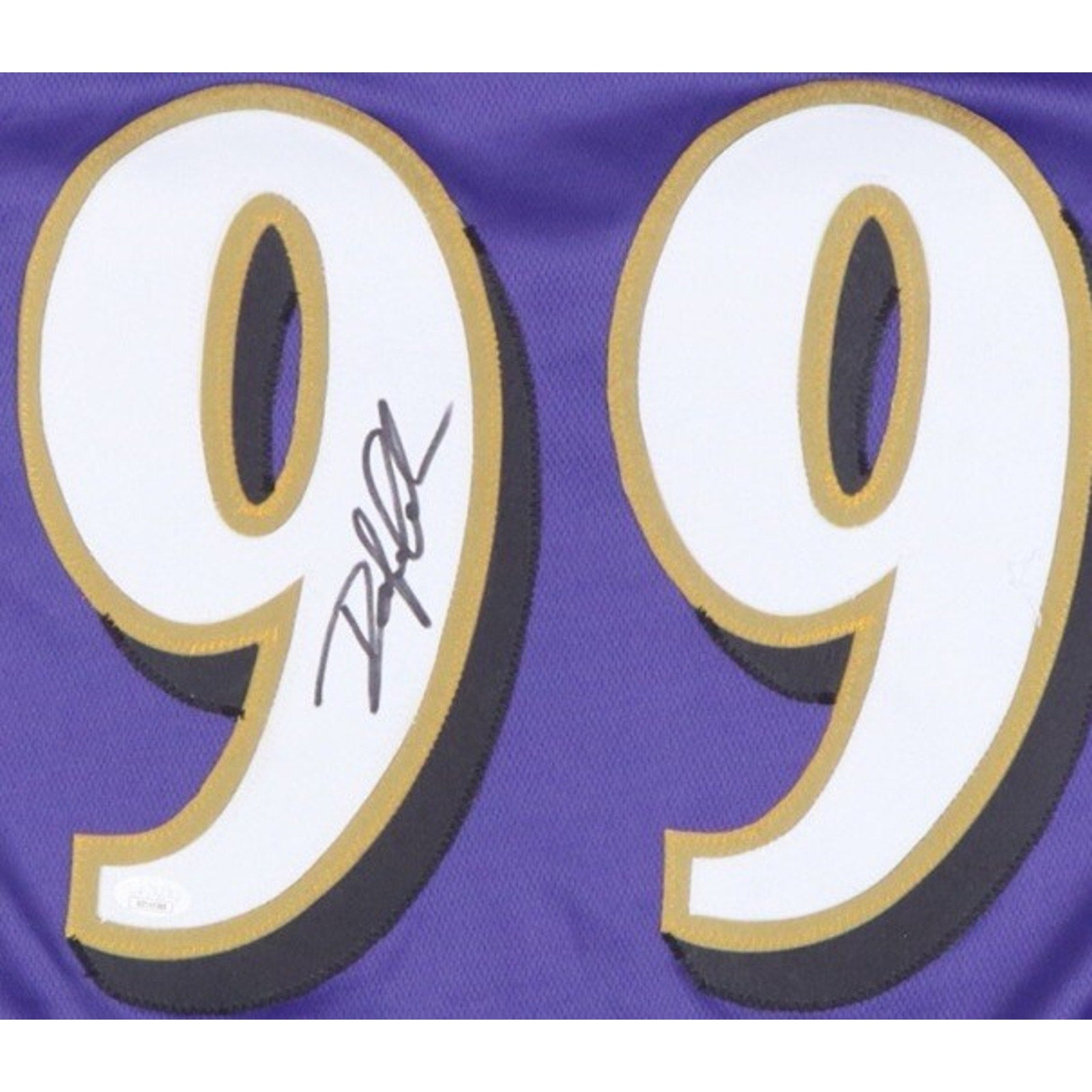 Close-up of signed number 99 on Odafe Oweh Baltimore Ravens autographed jersey