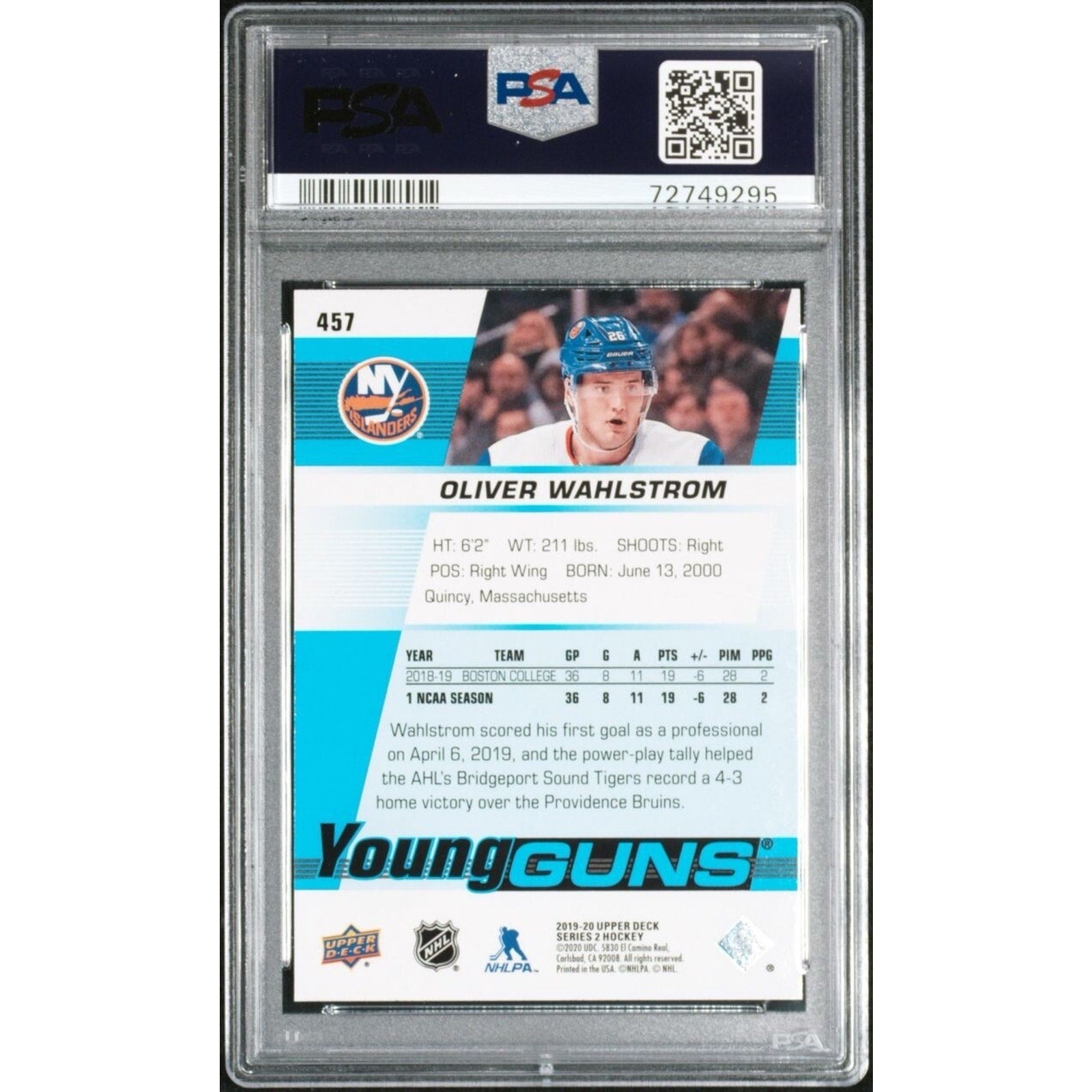 Back of Oliver Wahlstrom 2019 Upper Deck Young Guns rookie hockey card PSA authenticated collectible
