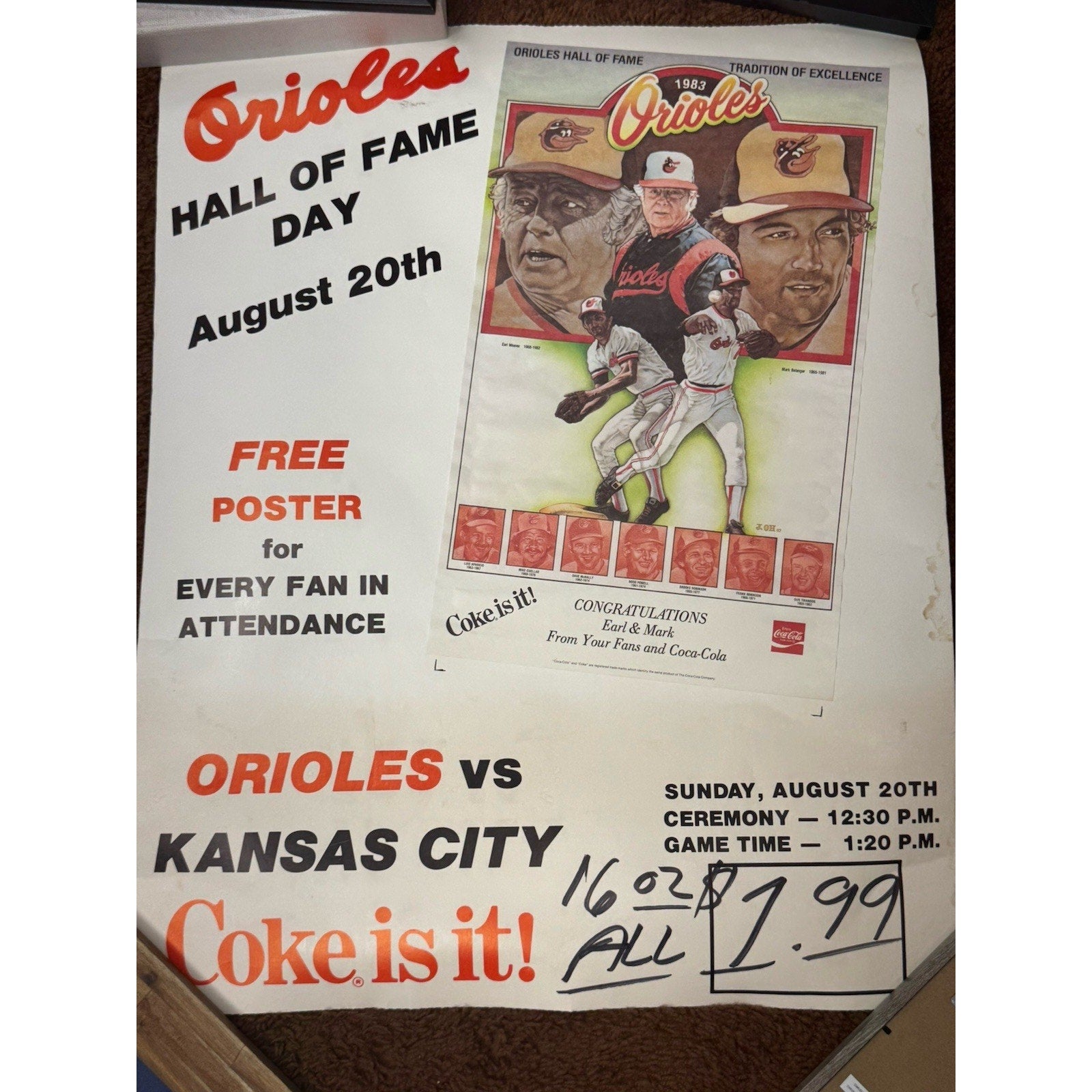 Vintage Baltimore Orioles Hall of Fame Day Earl Weaver Coca-Cola promotional poster