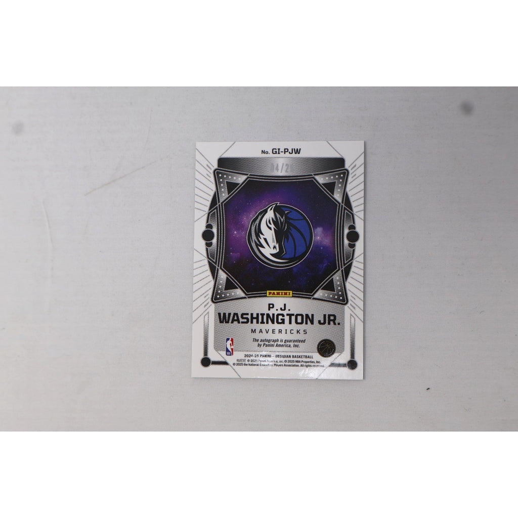 Back view of 2024-25 Panini Obsidian Galaxy Ink P.J. Washington Jr. autograph card showing player information and card details