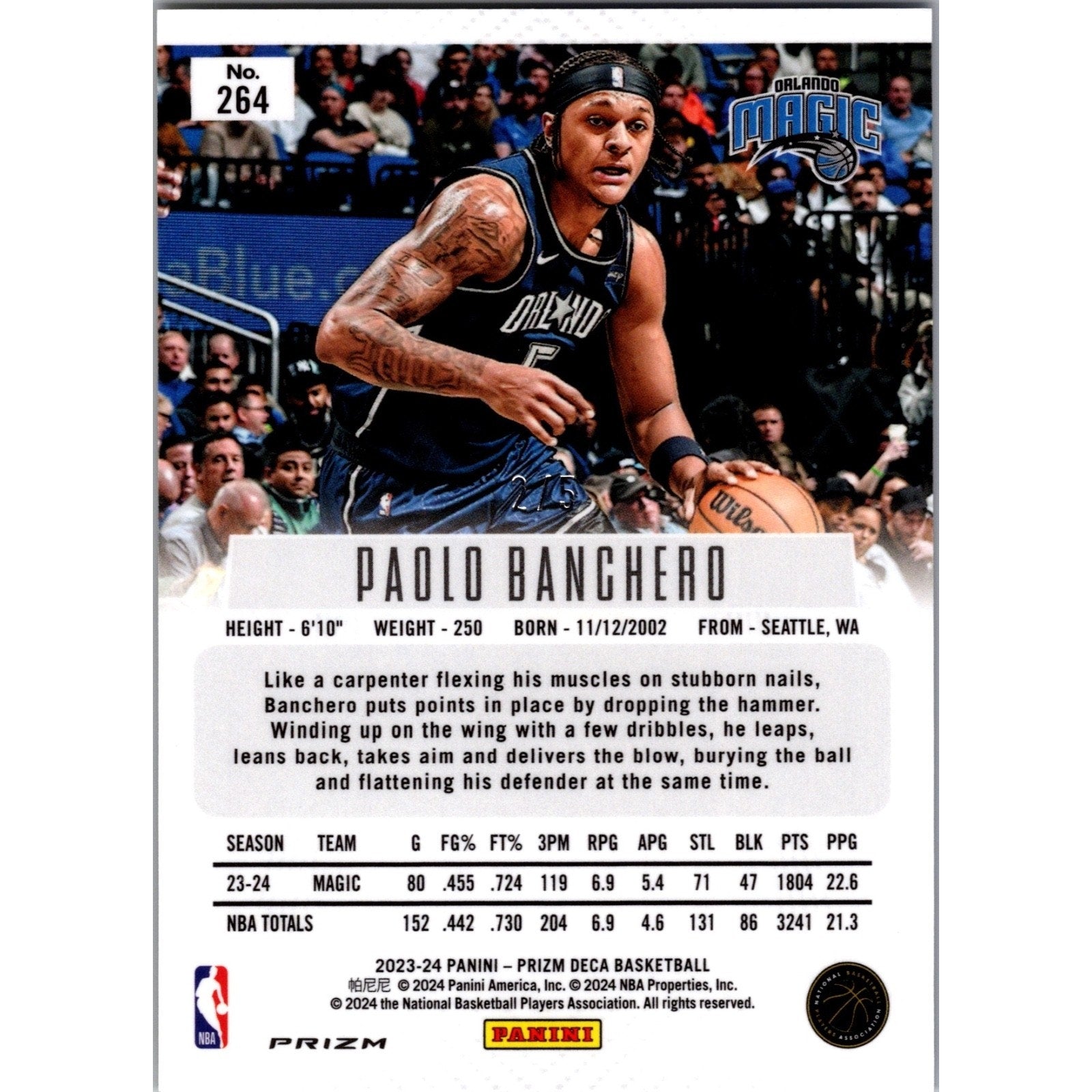 Back of 2023 Panini Prizm Deca Paolo Banchero Black Gold rookie card with player statistics and serial numbering
