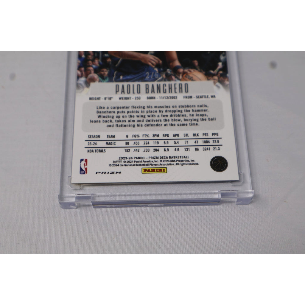 Back close-up of Paolo Banchero 2023 Panini Prizm Deca rookie card with authentication and card details