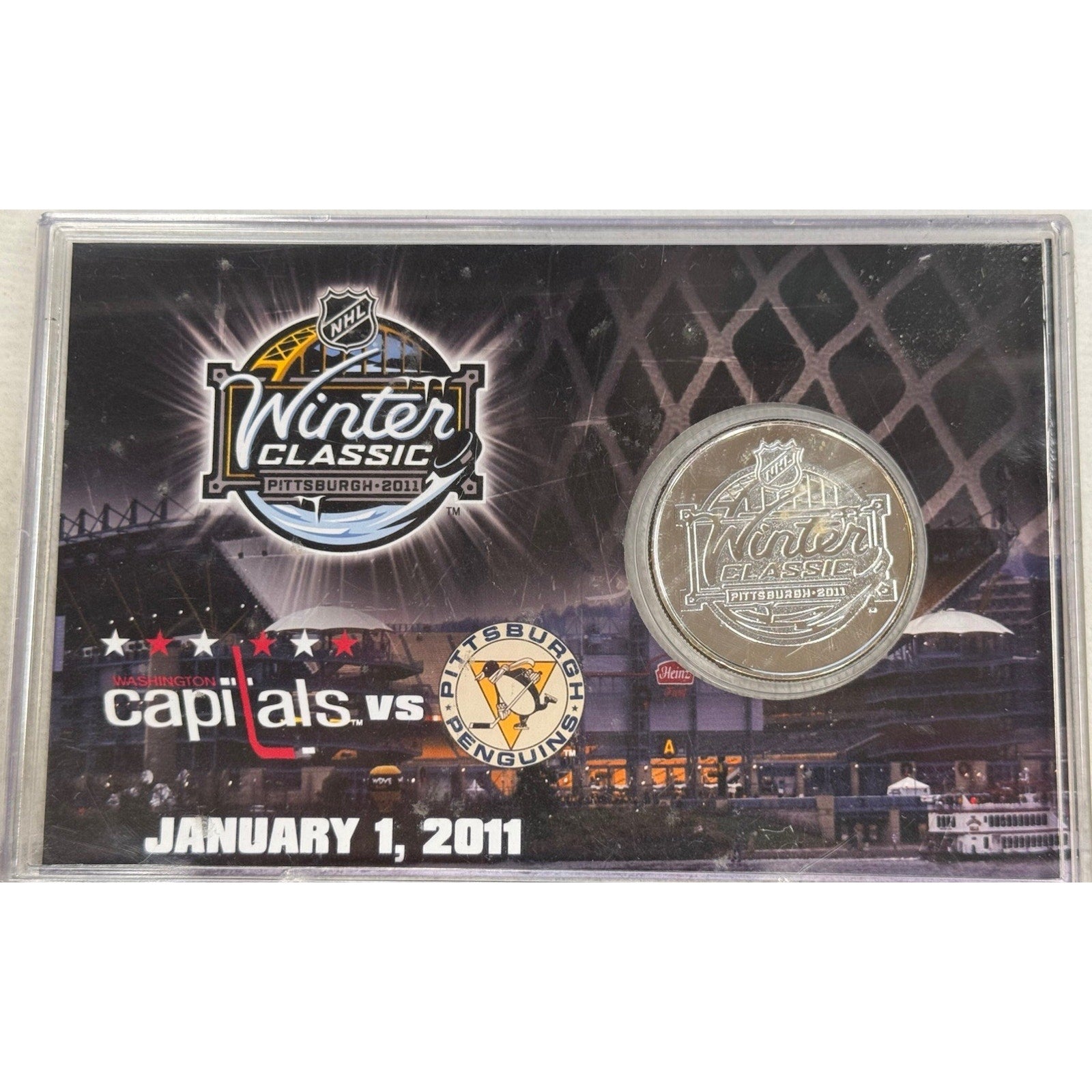 2011 Winter Classic Penguins vs Capitals silver plated medallion in display packaging