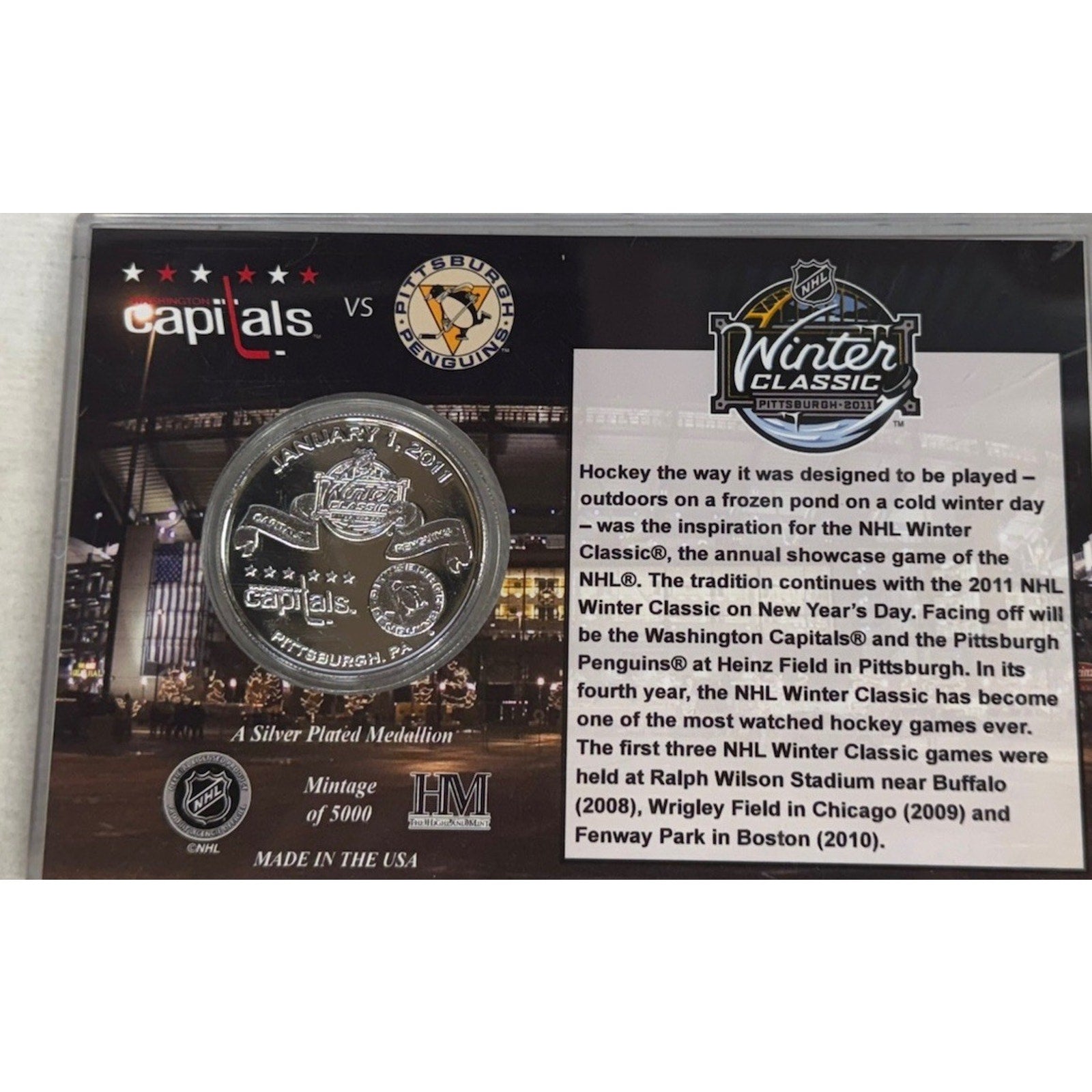 Back of Penguins vs Capitals 2011 Winter Classic medallion packaging