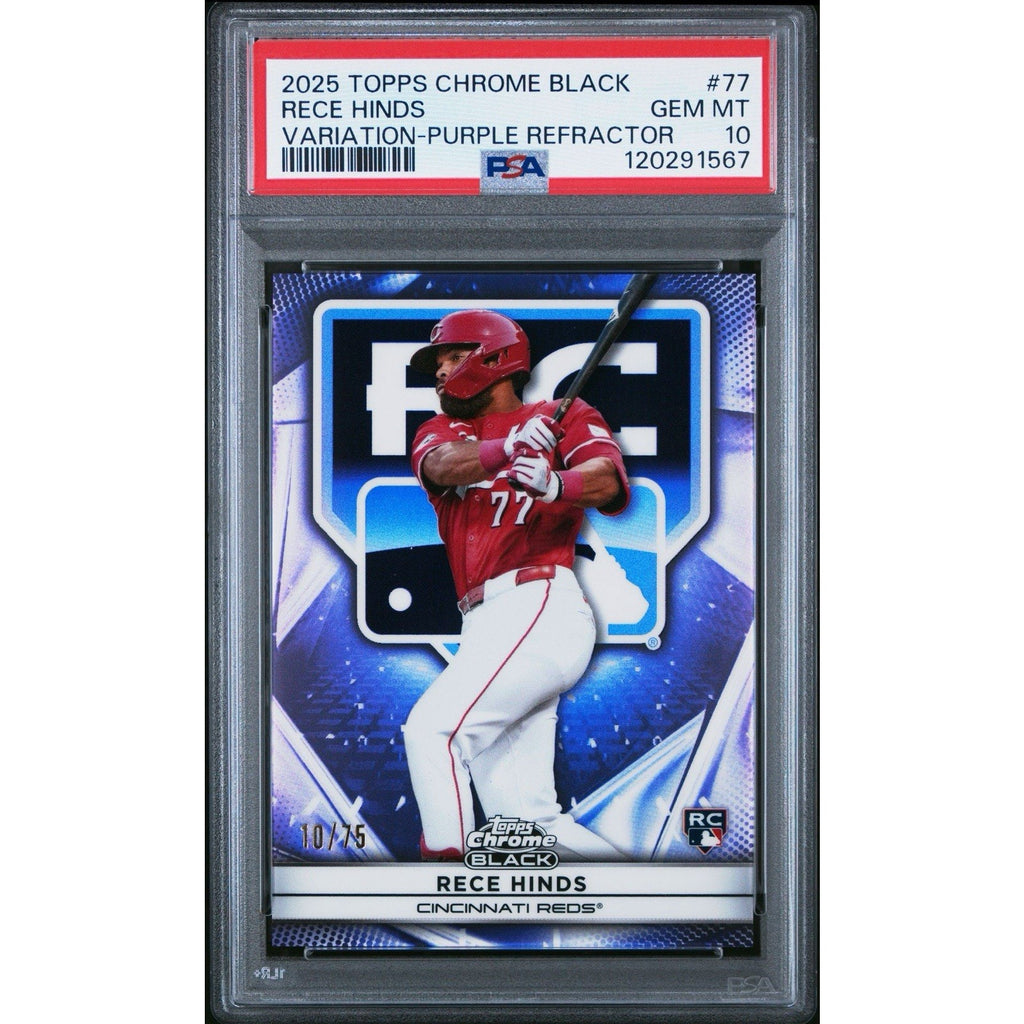 2025 Topps Chrome Black Rece Hinds Purple Refractor rookie card #77 numbered to 75 graded PSA 10 featuring Cincinnati Reds prospect