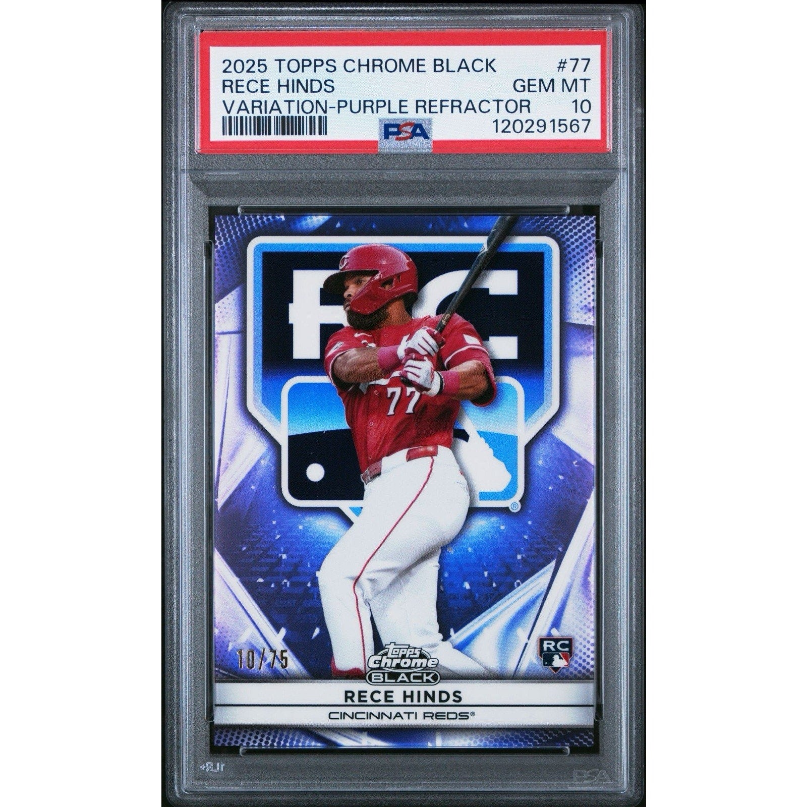 2025 Topps Chrome Black Rece Hinds Purple Refractor rookie card #77 numbered to 75 graded PSA 10 featuring Cincinnati Reds prospect
