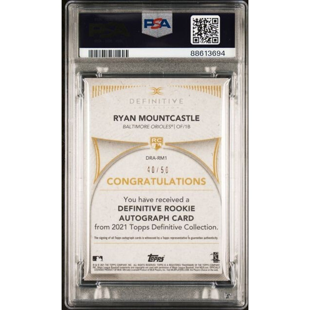 Back view of 2021 Topps Definitive Ryan Mountcastle Black Parallel Auto rookie card #RM1 PSA 10