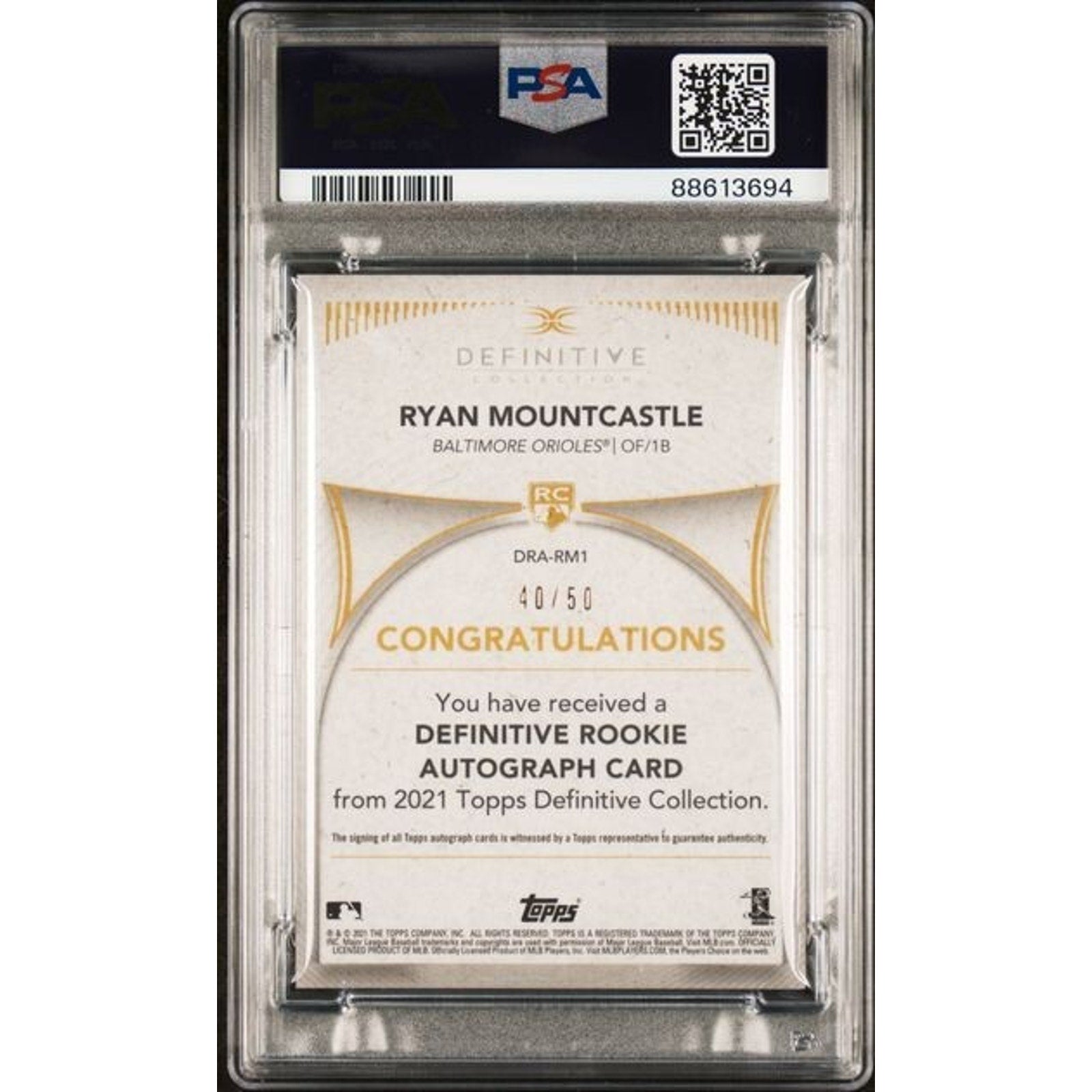 Back view of 2021 Topps Definitive Ryan Mountcastle Black Parallel Auto rookie card #RM1 PSA 10