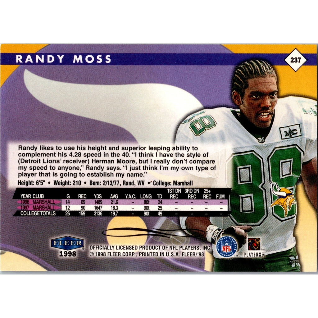 Back of 1998 Fleer Tradition Randy Moss rookie card #237 showing player information and rookie season details