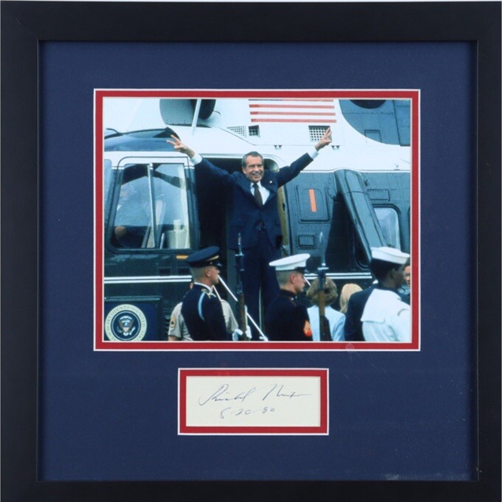 Richard Nixon signed custom framed display with presidential photograph and autograph cut