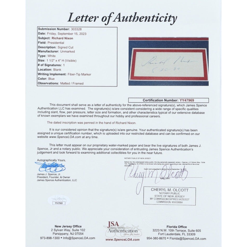JSA Letter of Authenticity for Richard Nixon signed custom framed autograph display