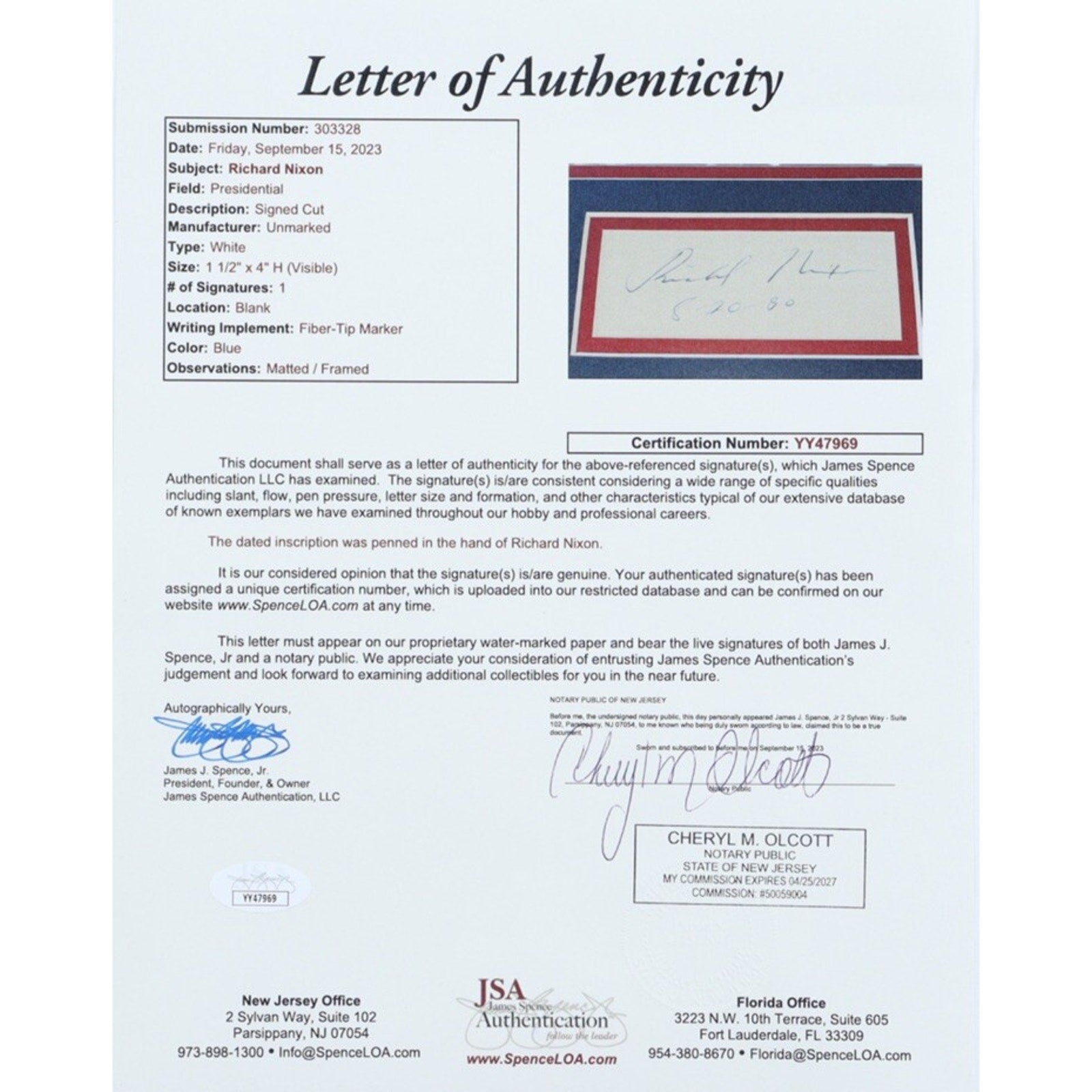 JSA Letter of Authenticity for Richard Nixon signed custom framed autograph display