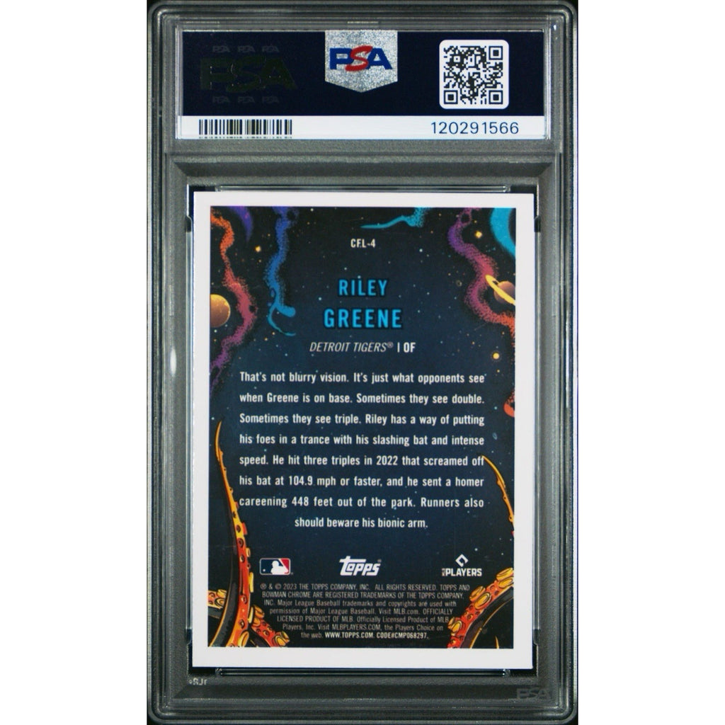 Back of 2023 Bowman Chrome Riley Greene It Came For The League rookie card #CFL4 graded PSA 9