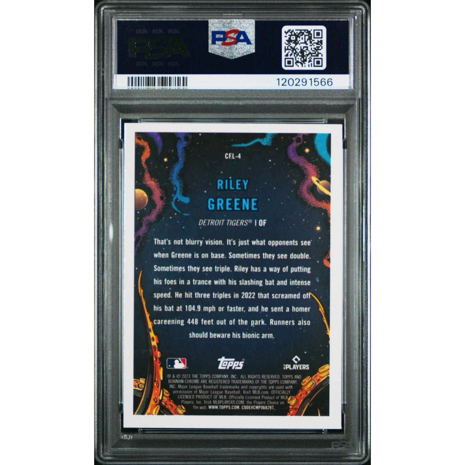 Back of 2023 Bowman Chrome Riley Greene It Came For The League rookie card #CFL4 graded PSA 9