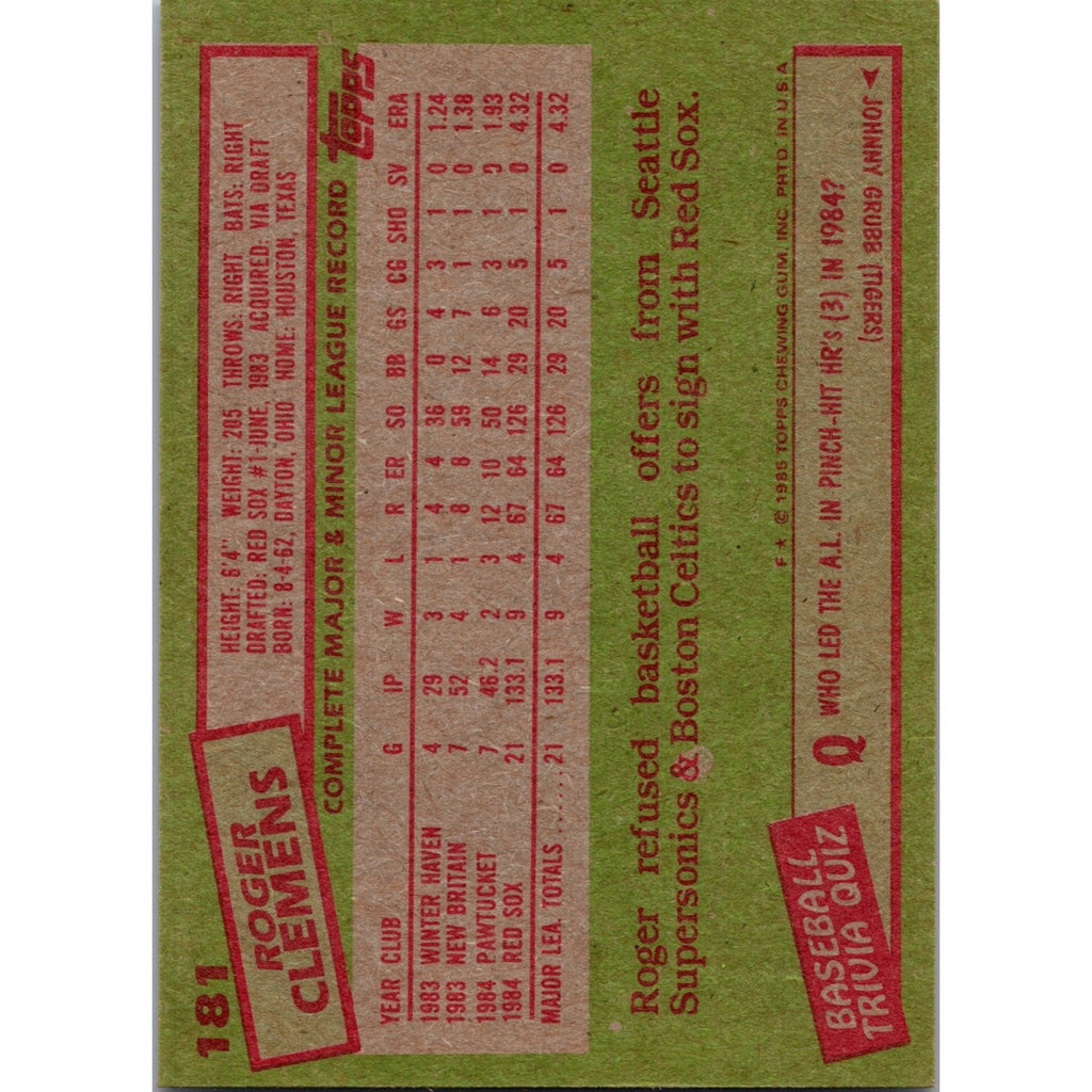 Back view of 1985 Topps Roger Clemens rookie baseball card #181 showing player stats and information