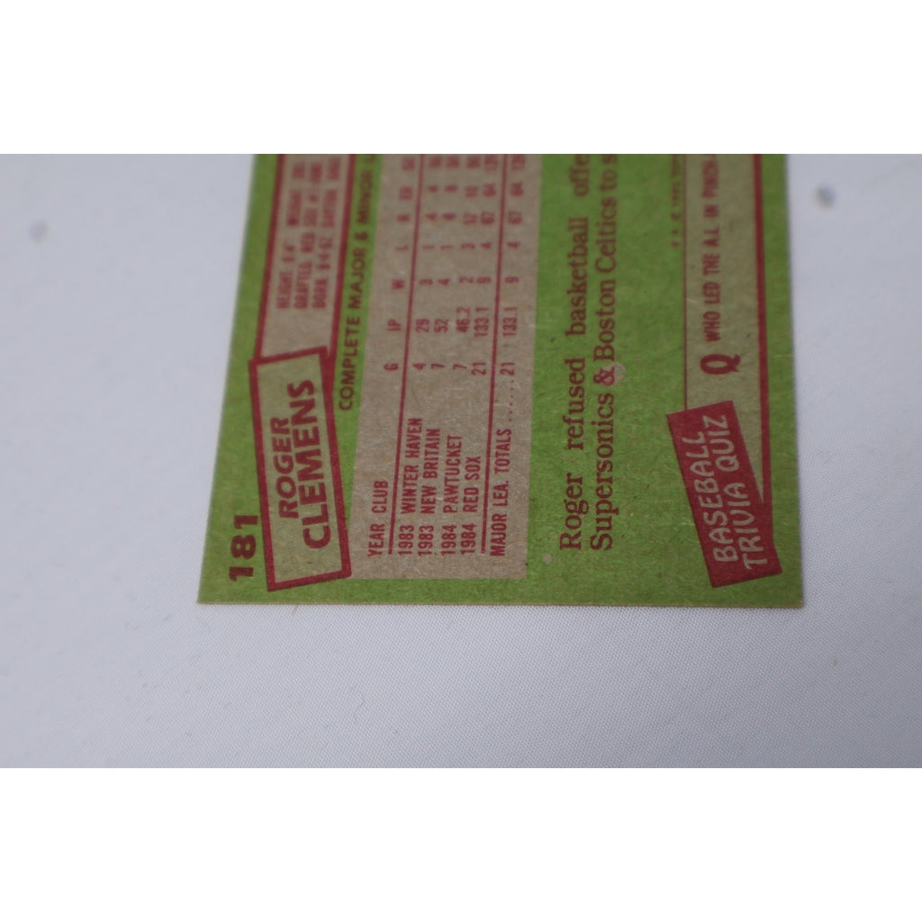 Close-up back view of Roger Clemens rookie card showing vintage Topps statistics and card details