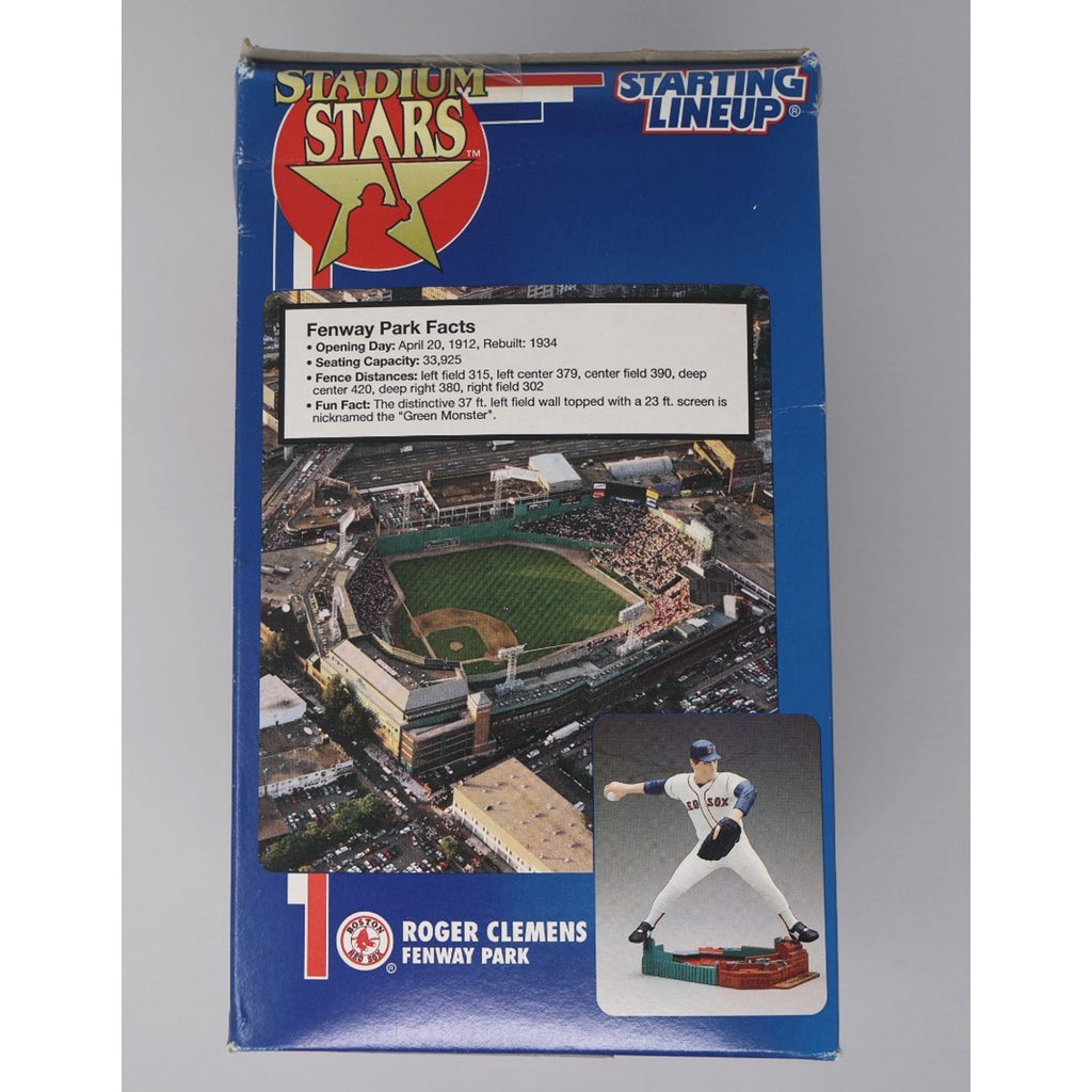 Back view of Roger Clemens Kenner Stadium Stars Starting Lineup package showing product details and Fenway Park artwork