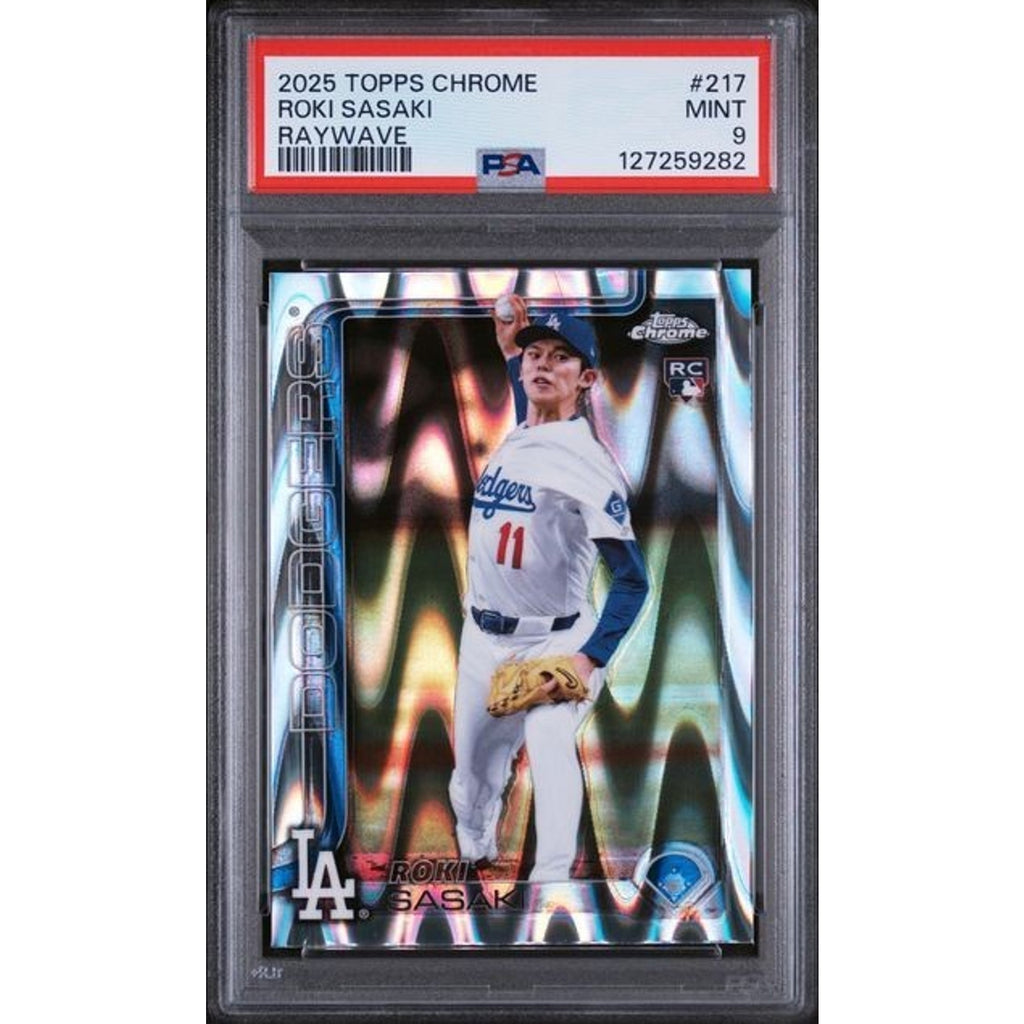2025 Topps Chrome Roki Sasaki RayWave Refractor rookie card #217 PSA 9 featuring the Los Angeles Dodgers pitcher