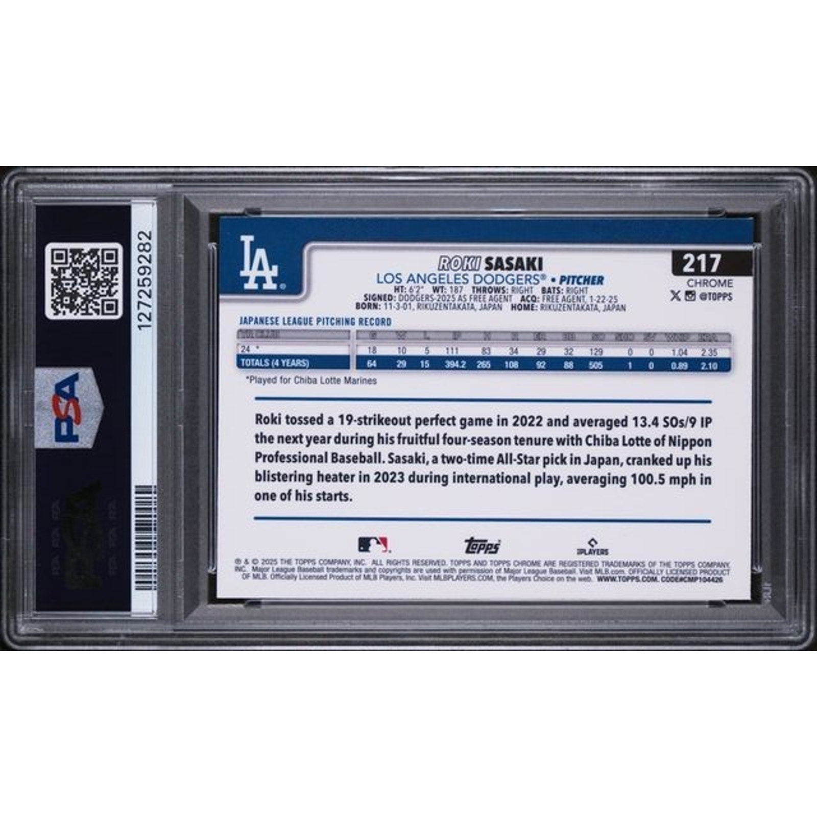 Back of PSA-graded Roki Sasaki 2025 Topps Chrome RayWave rookie card with player information and grading label