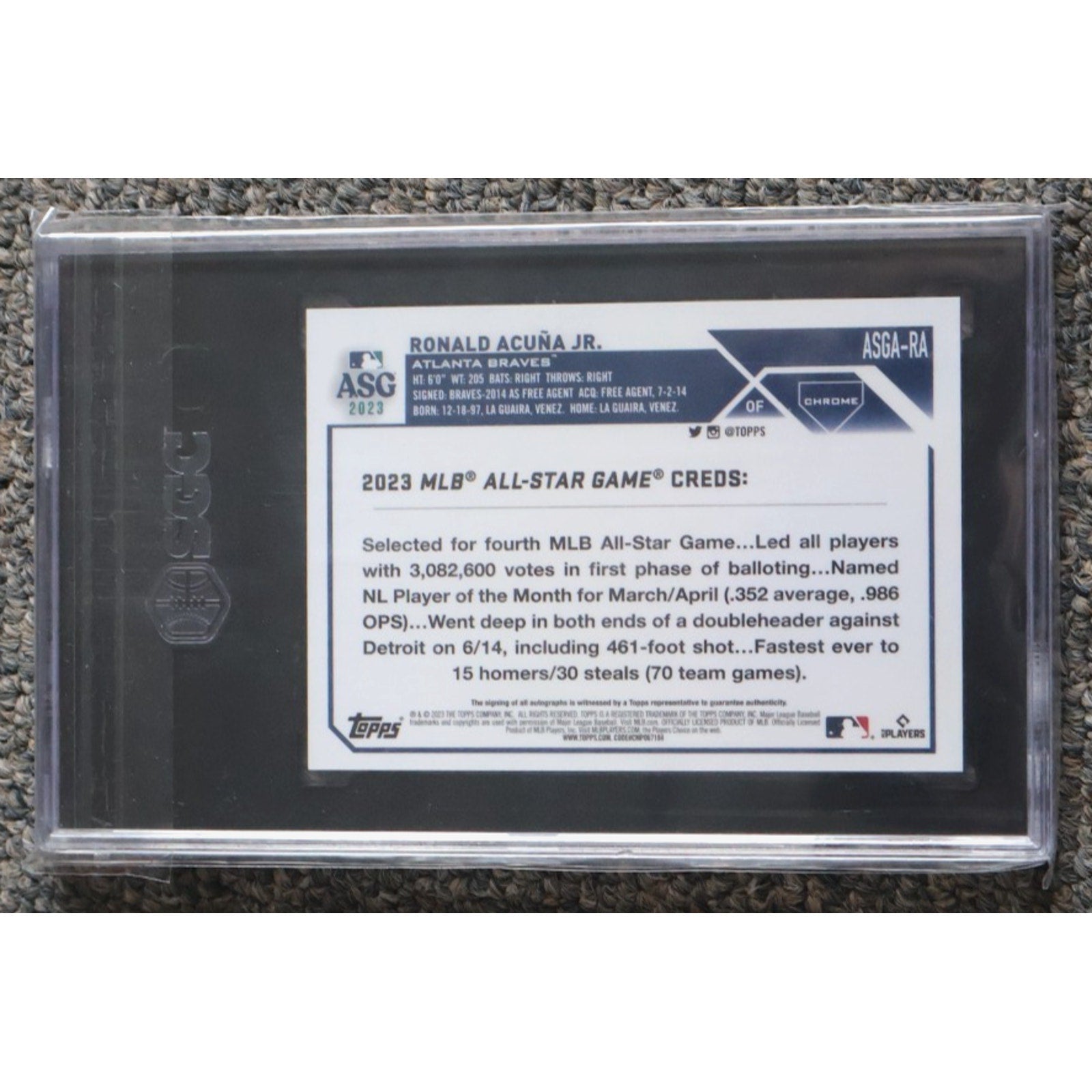 Back view of SGC graded Ronald Acuna Jr 2023 Topps Chrome Update All-Star Game auto card ASGA-RA
