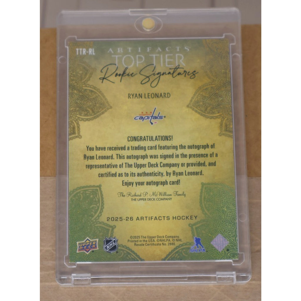 Back of Ryan Leonard UD Artifacts autograph rookie card showing authentication and player details