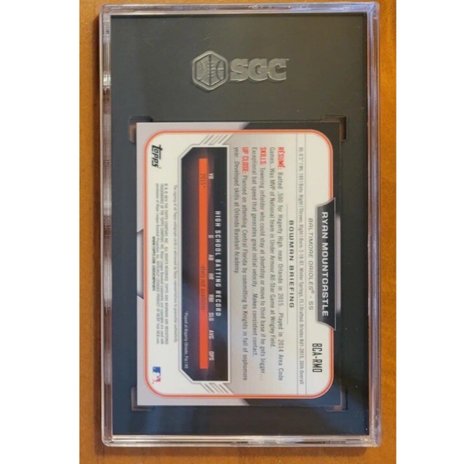 Back view of Ryan Mountcastle 2015 Bowman Chrome Draft rookie auto card SGC 10