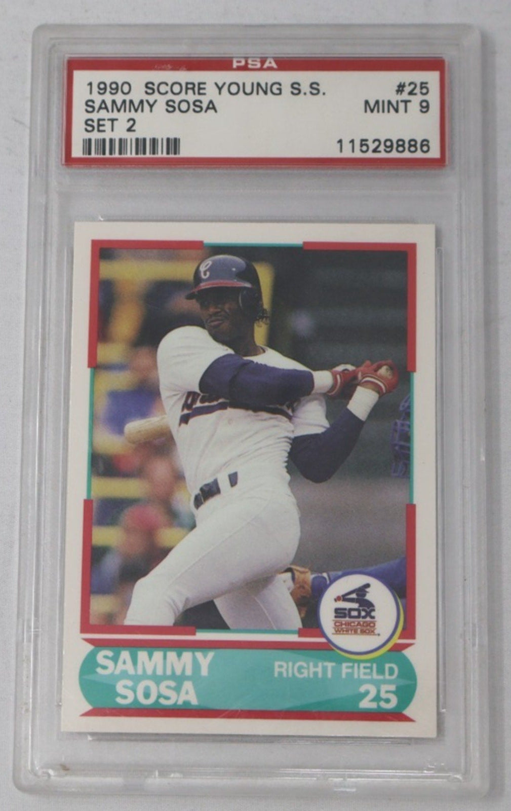 1990 Score Sammy Sosa Young Superstars Set 2 baseball card graded PSA 9 Mint featuring Chicago White Sox prospect