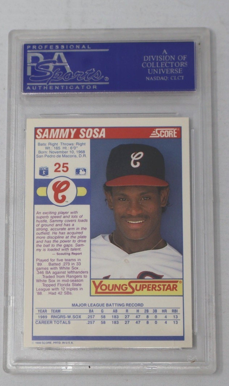 Back view of PSA 9 graded 1990 Score Sammy Sosa Young Superstars Set 2 baseball card