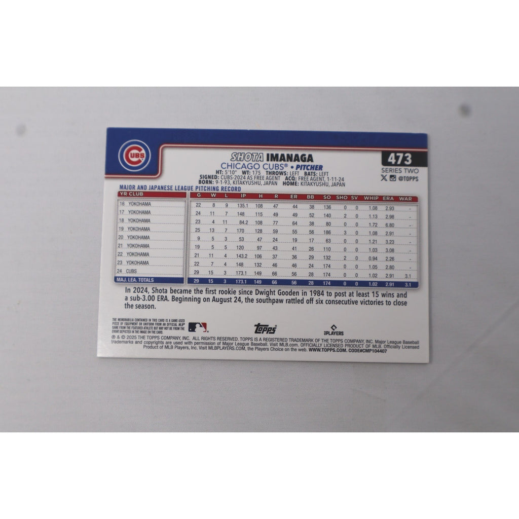 Back view of 2025 Topps Series 2 Shota Imanaga Rookie Cup silver foil patch rookie card
