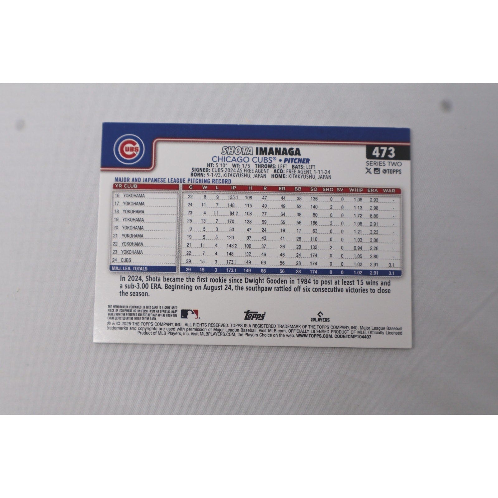Back view of 2025 Topps Series 2 Shota Imanaga Rookie Cup silver foil patch rookie card