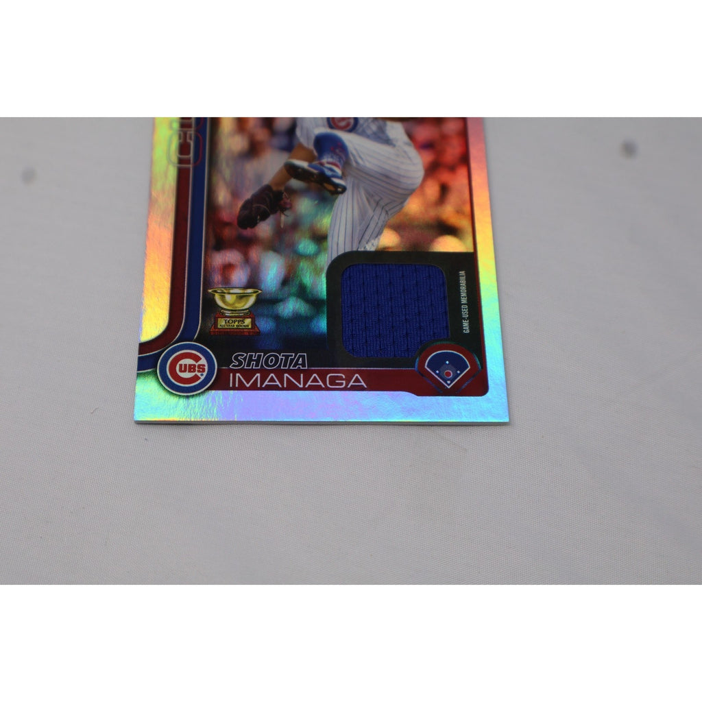 Angled front view of Shota Imanaga silver foil patch rookie baseball card with reflective finish