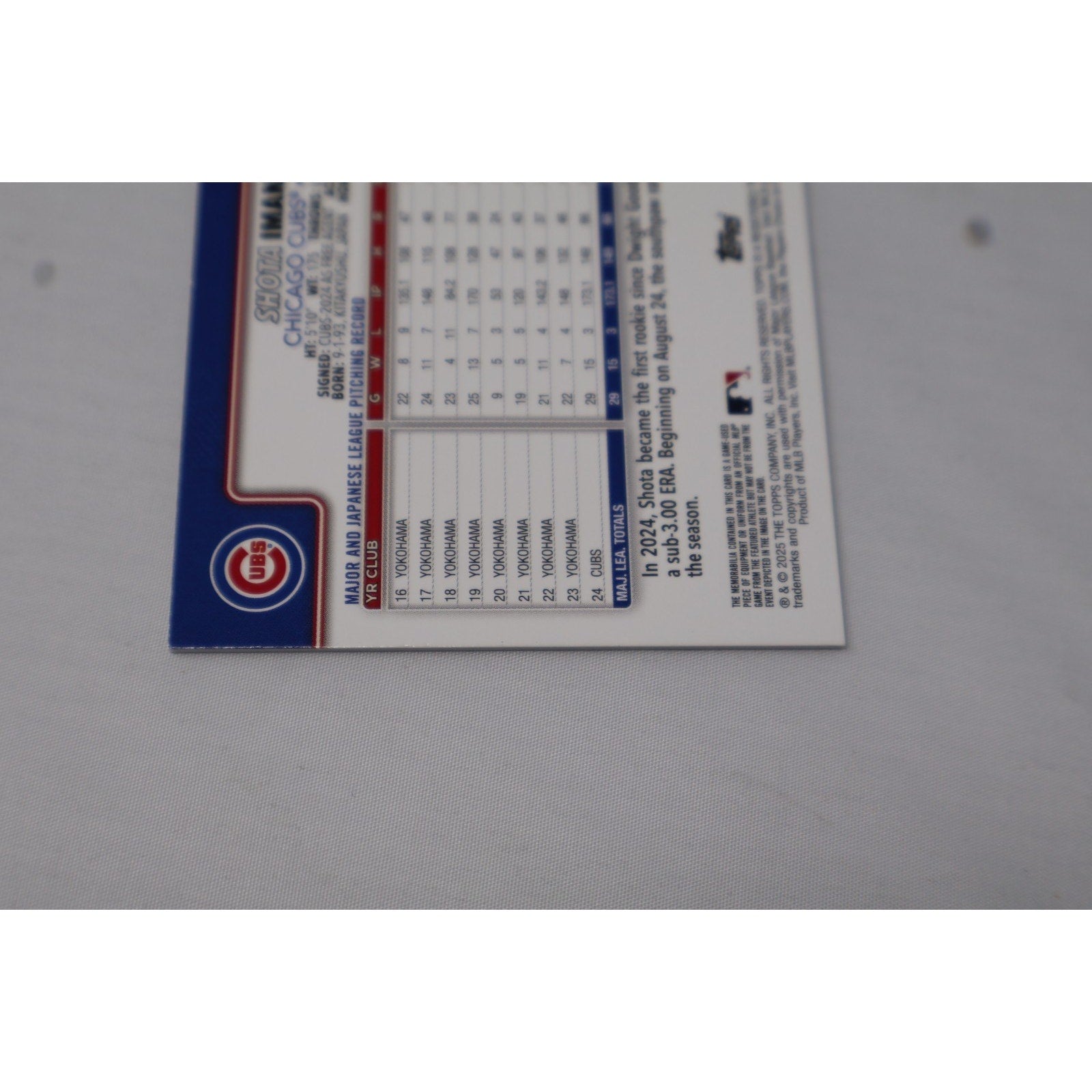 Statistical back design of Shota Imanaga 2025 Topps Series 2 rookie card