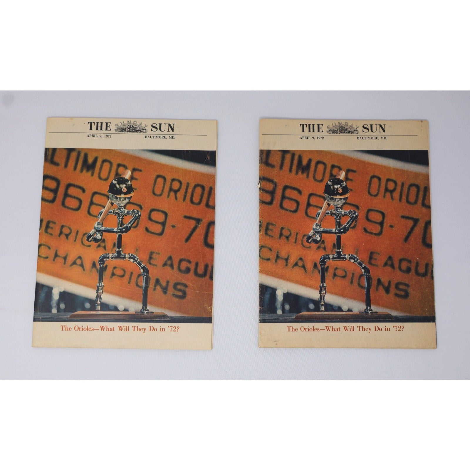 Pair of 1972 Baltimore Orioles season preview supplements from The Baltimore Sun displayed together